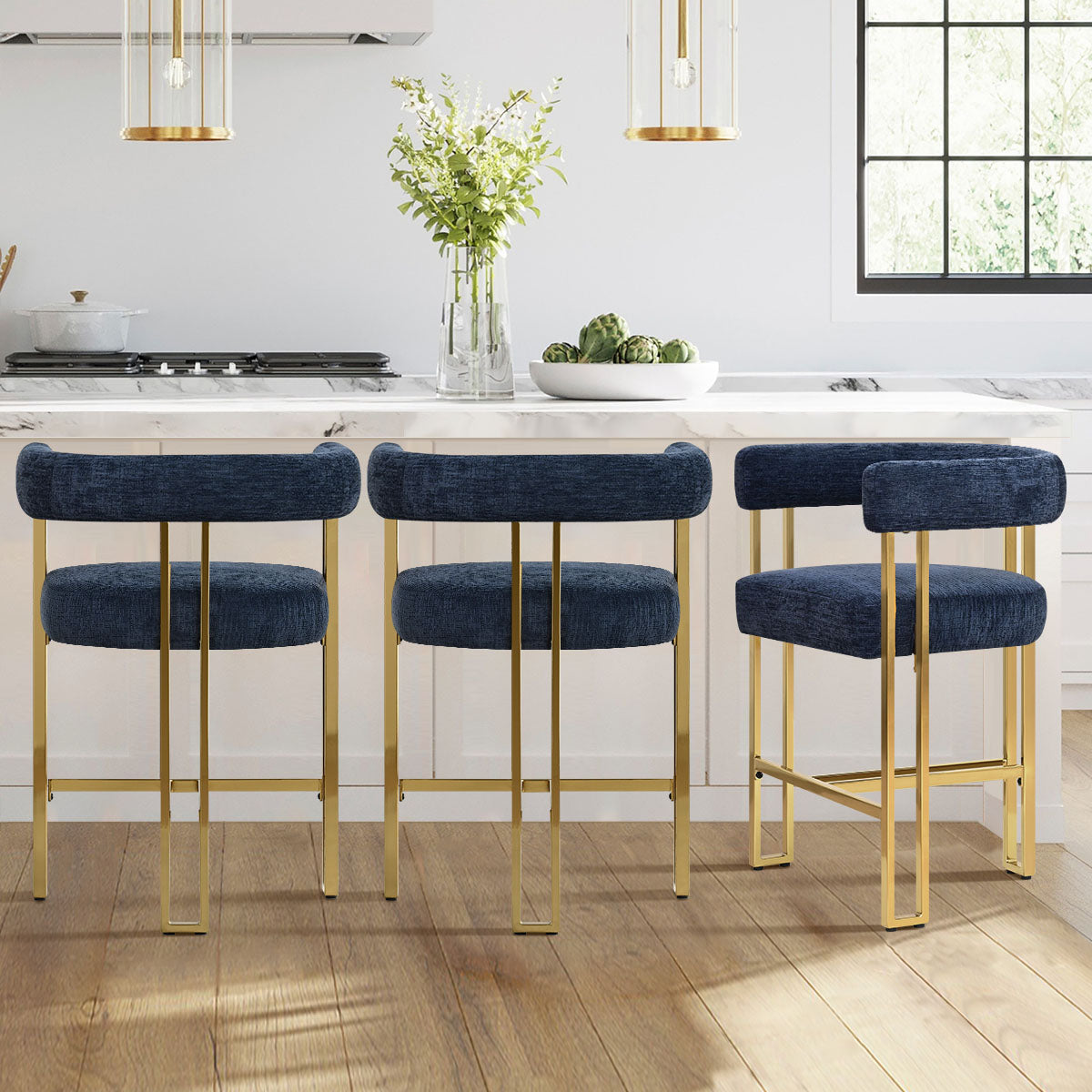 Mia 24" Modern Gold Chenille Counter Stool with Arms (Set of 3)