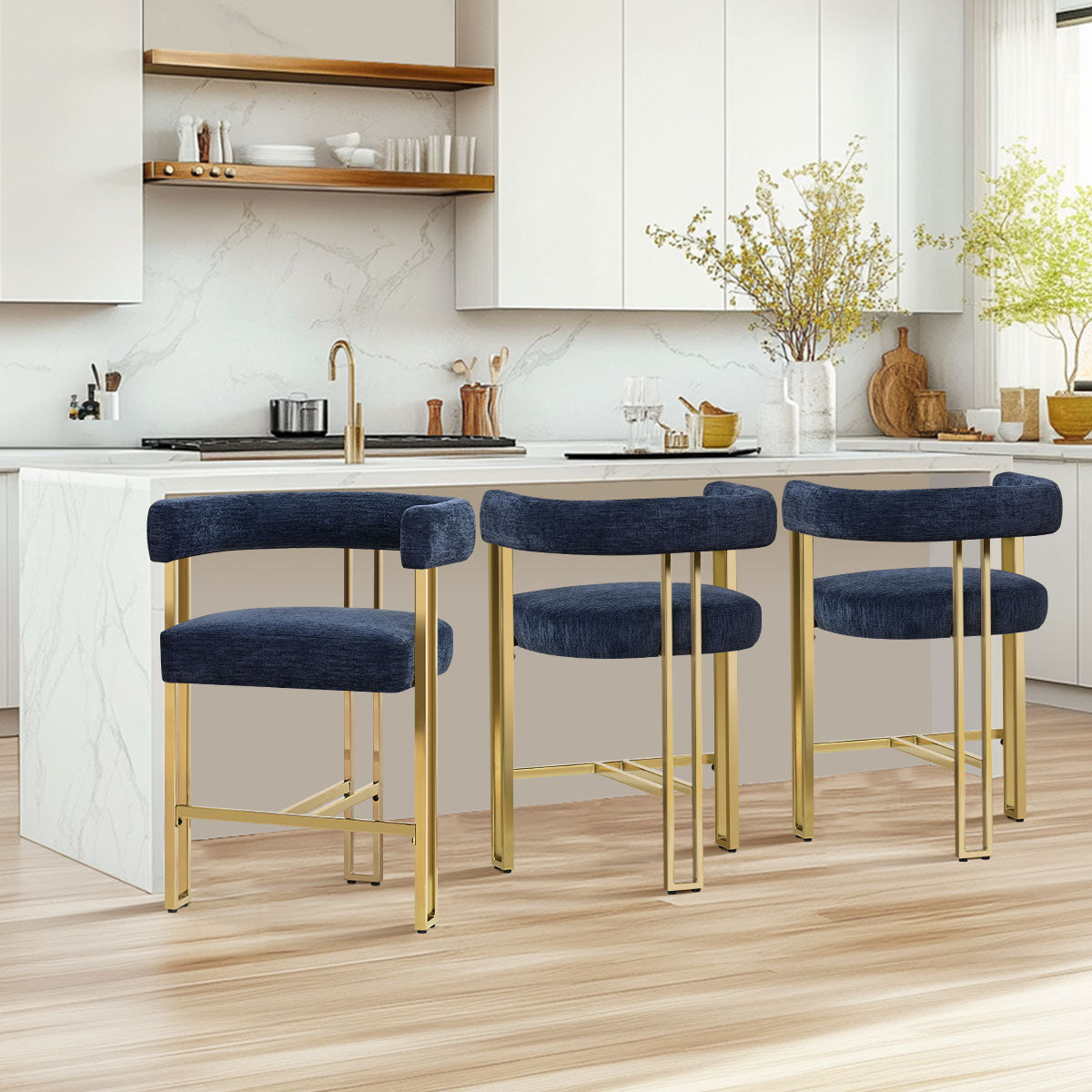 Mia 24" Modern Gold Chenille Counter Stool with Arms (Set of 3)