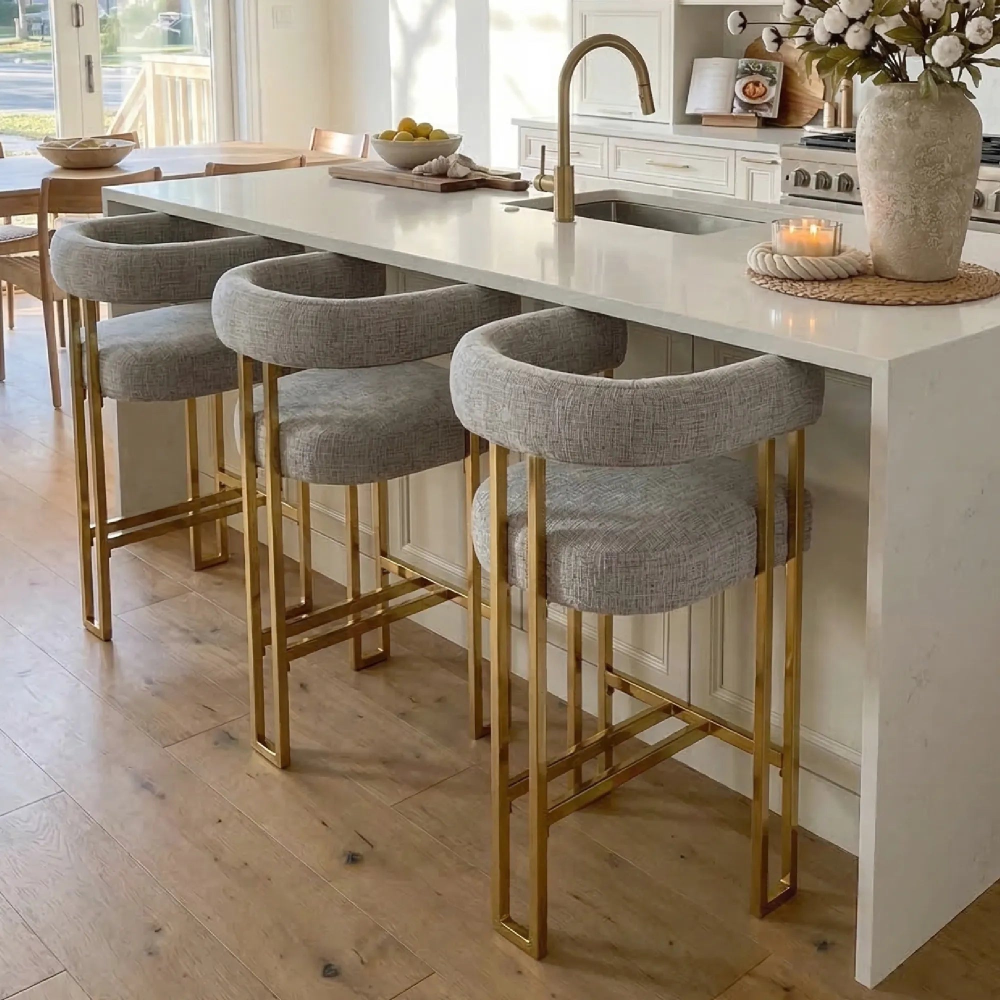 Mia 24" Modern Gold Chenille Counter Stool with Arms (Set of 2)