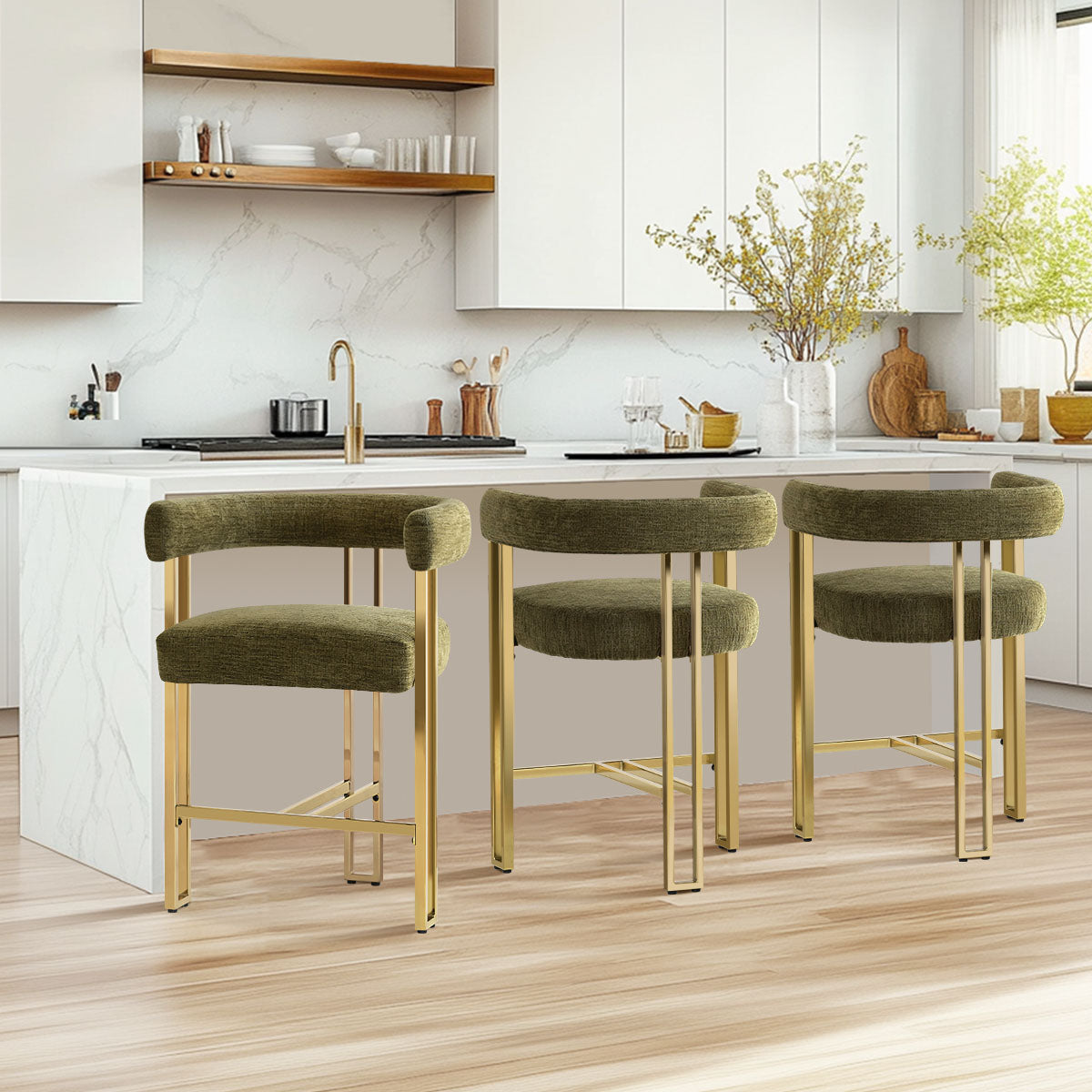 Mia 24" Modern Gold Chenille Counter Stool with Arms (Set of 3)