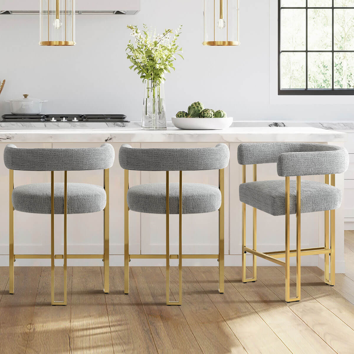 Mia 24" Modern Gold Chenille Counter Stool with Arms (Set of 3)