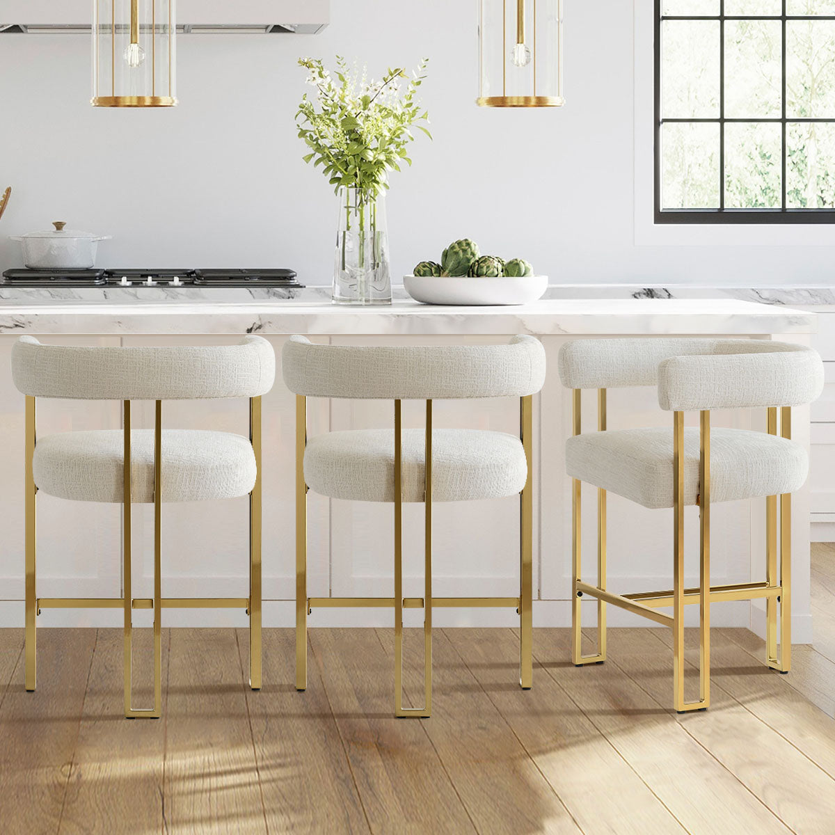 Mia 24" Modern Gold Chenille Counter Stool with Arms (Set of 3)