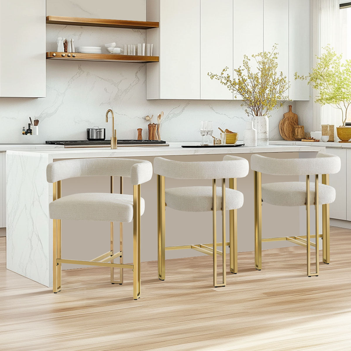 Mia 24" Modern Gold Chenille Counter Stool with Arms (Set of 3)