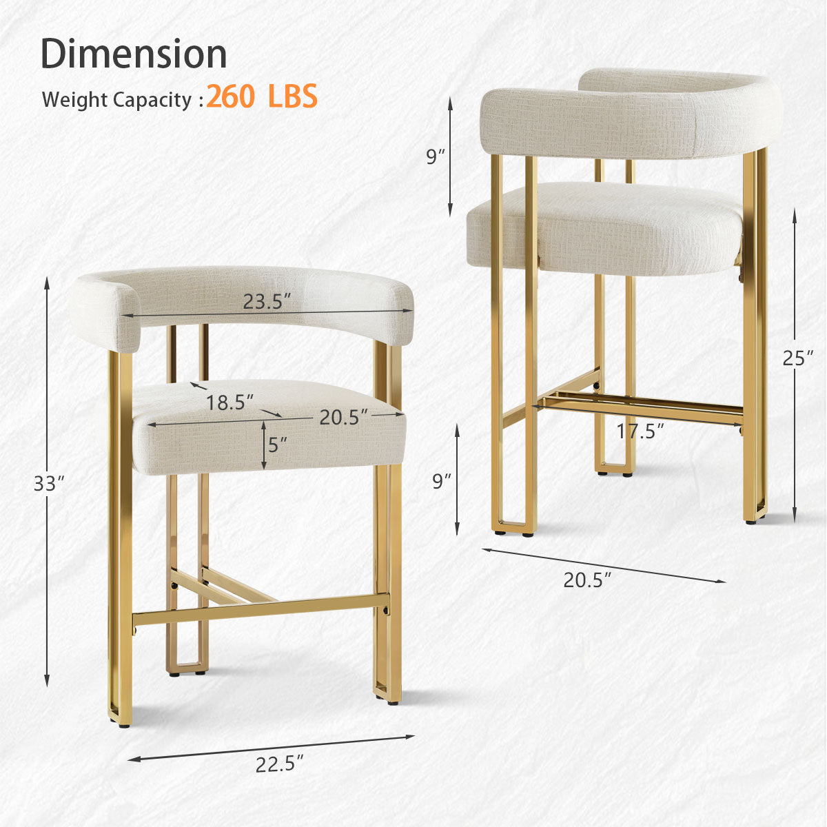 Mia 24" Modern Gold Chenille Counter Stool with Arms (Set of 3)