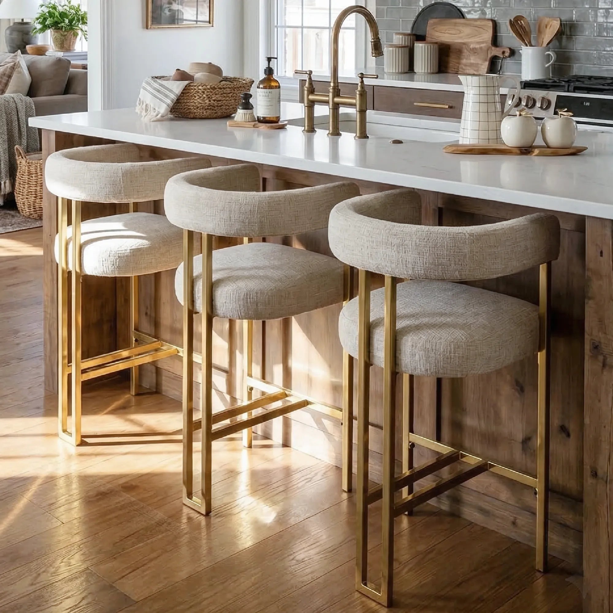 Mia 24" Modern Gold Chenille Counter Stool with Arms (Set of 2)