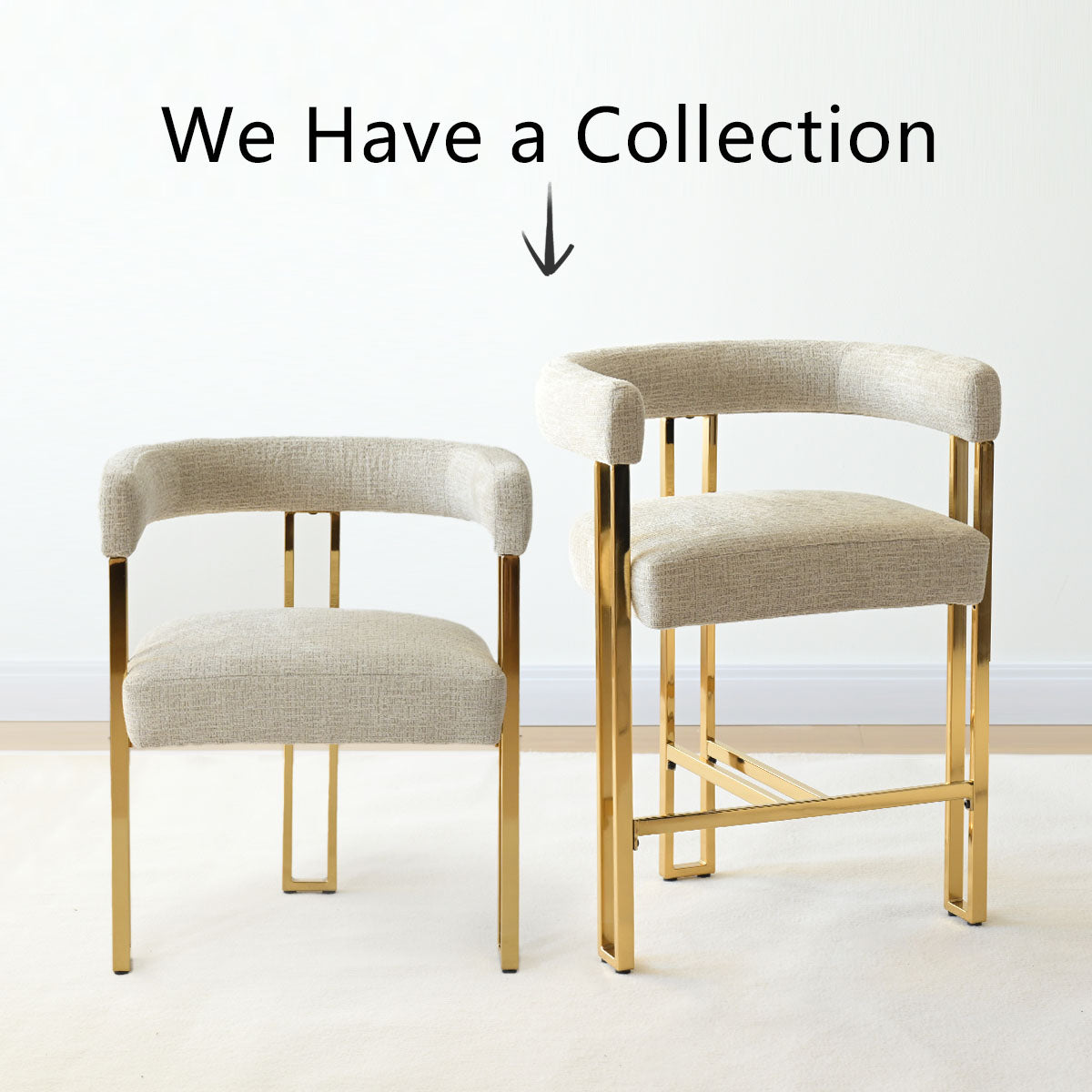 Mia 24" Modern Gold Chenille Counter Stool with Arms (Set of 3)