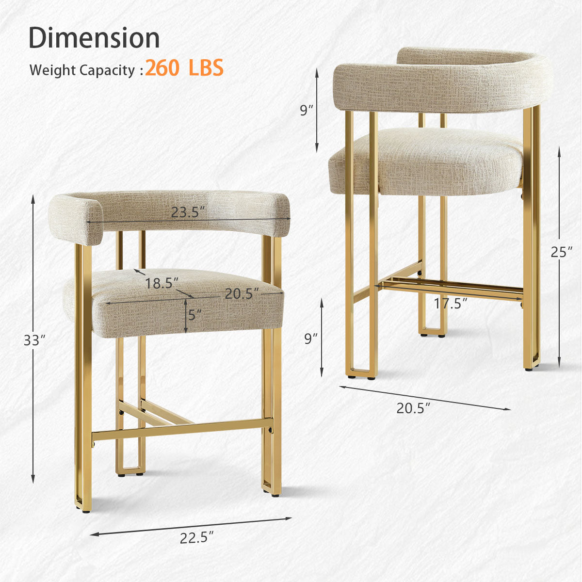 Mia 24" Modern Gold Chenille Counter Stool with Arms (Set of 3)
