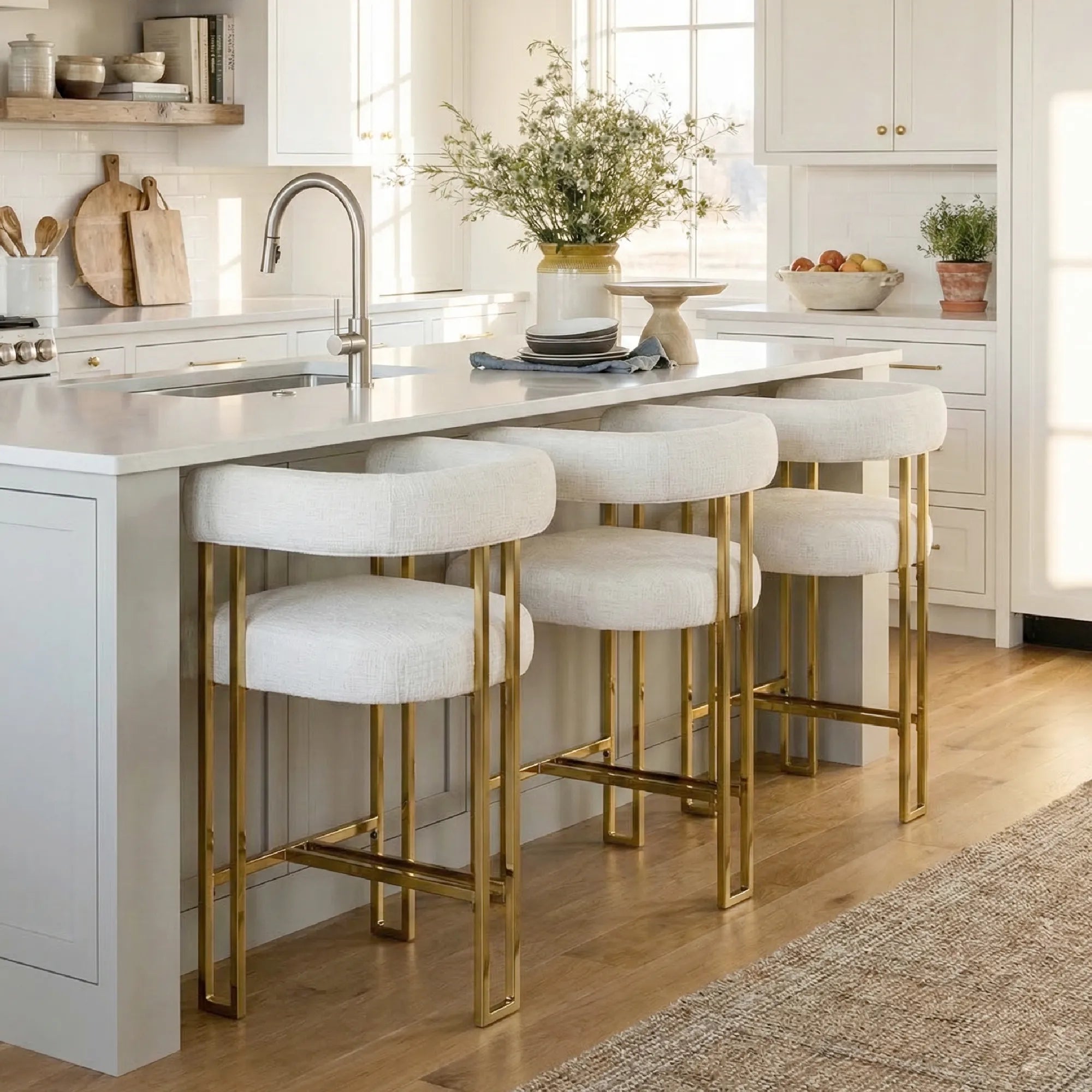 Mia 24" Modern Gold Chenille Counter Stool with Arms (Set of 2)