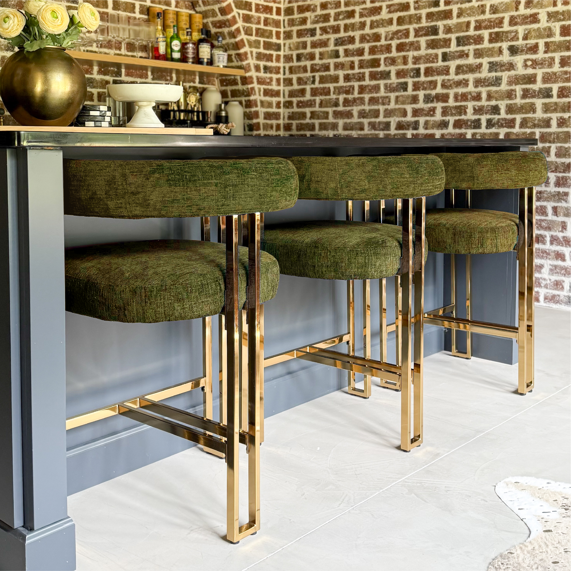 Mia 24" Modern Gold Chenille Counter Stool with Arms (Set of 3)
