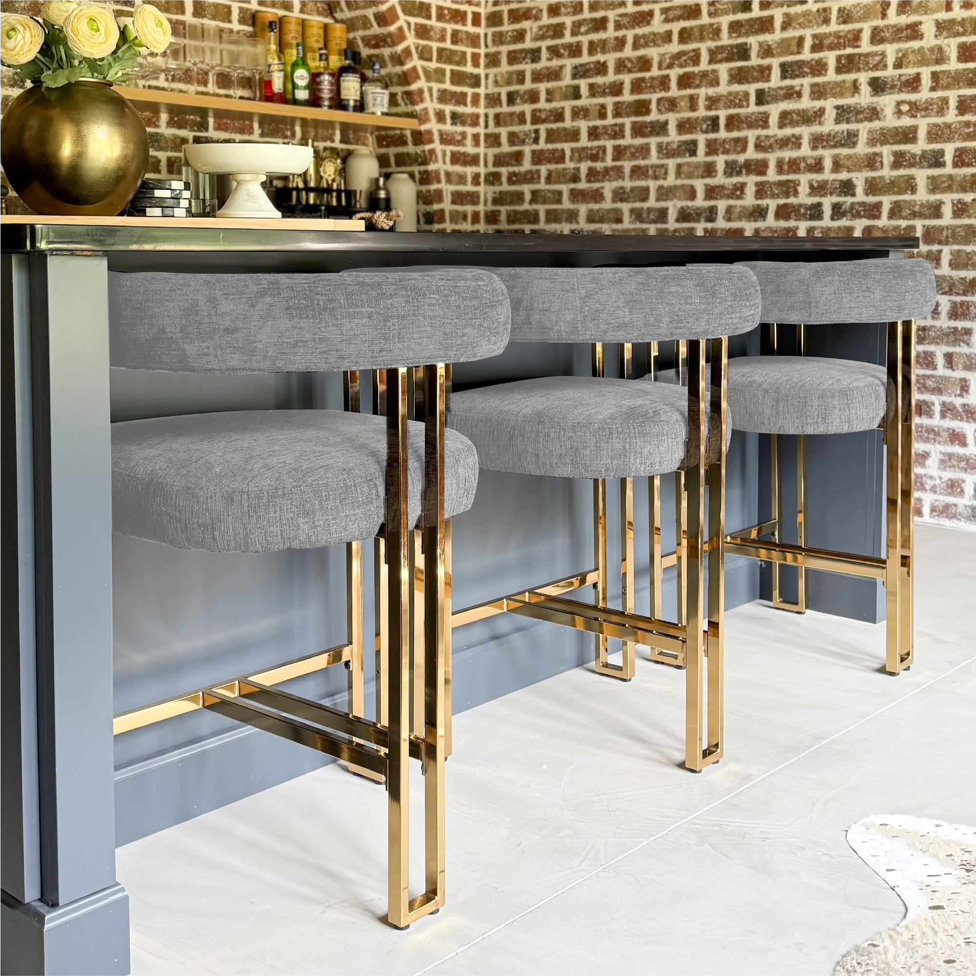 Mia 24" Modern Gold Chenille Counter Stool with Arms (Set of 3)
