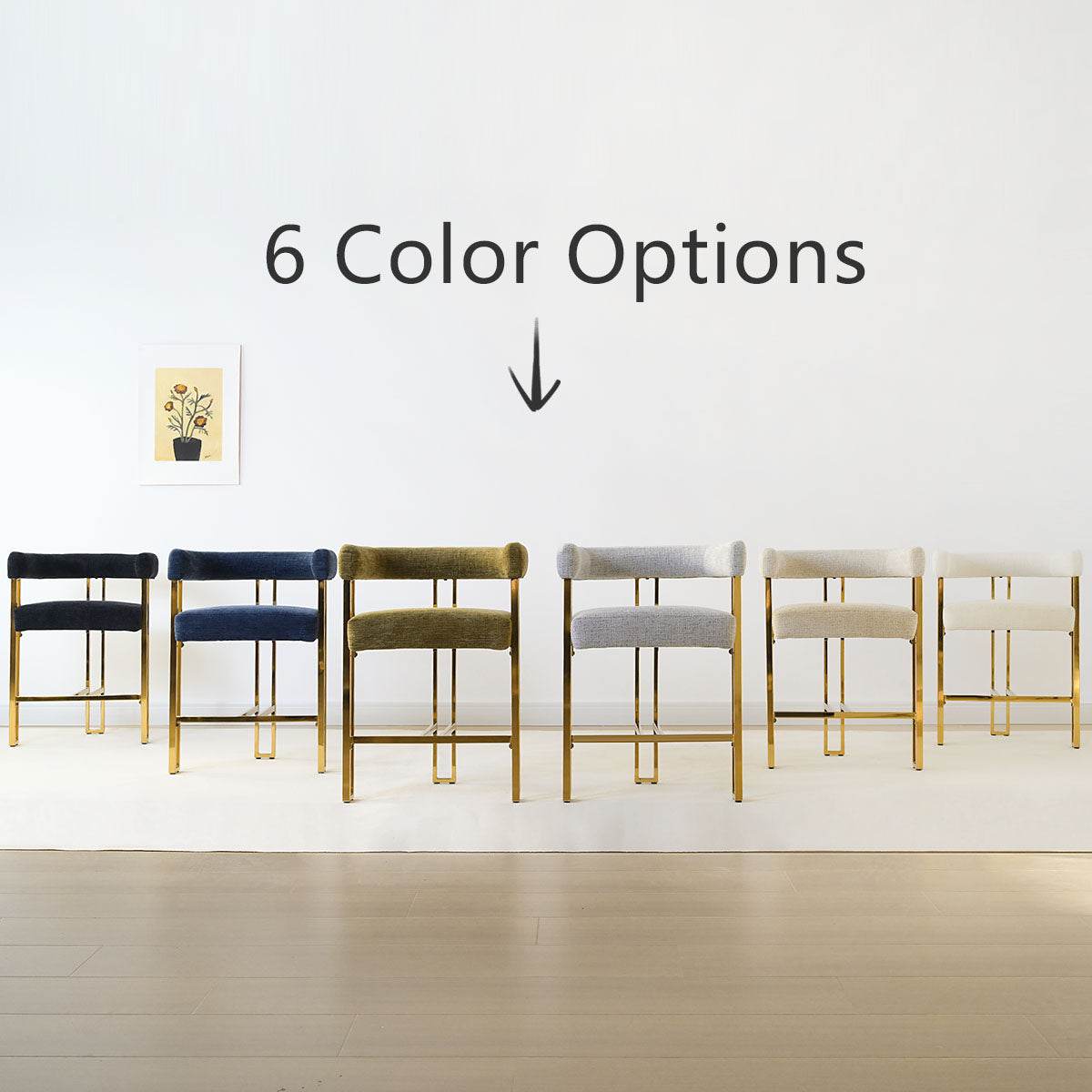 Mia 24" Modern Gold Chenille Counter Stool with Arms (Set of 3)