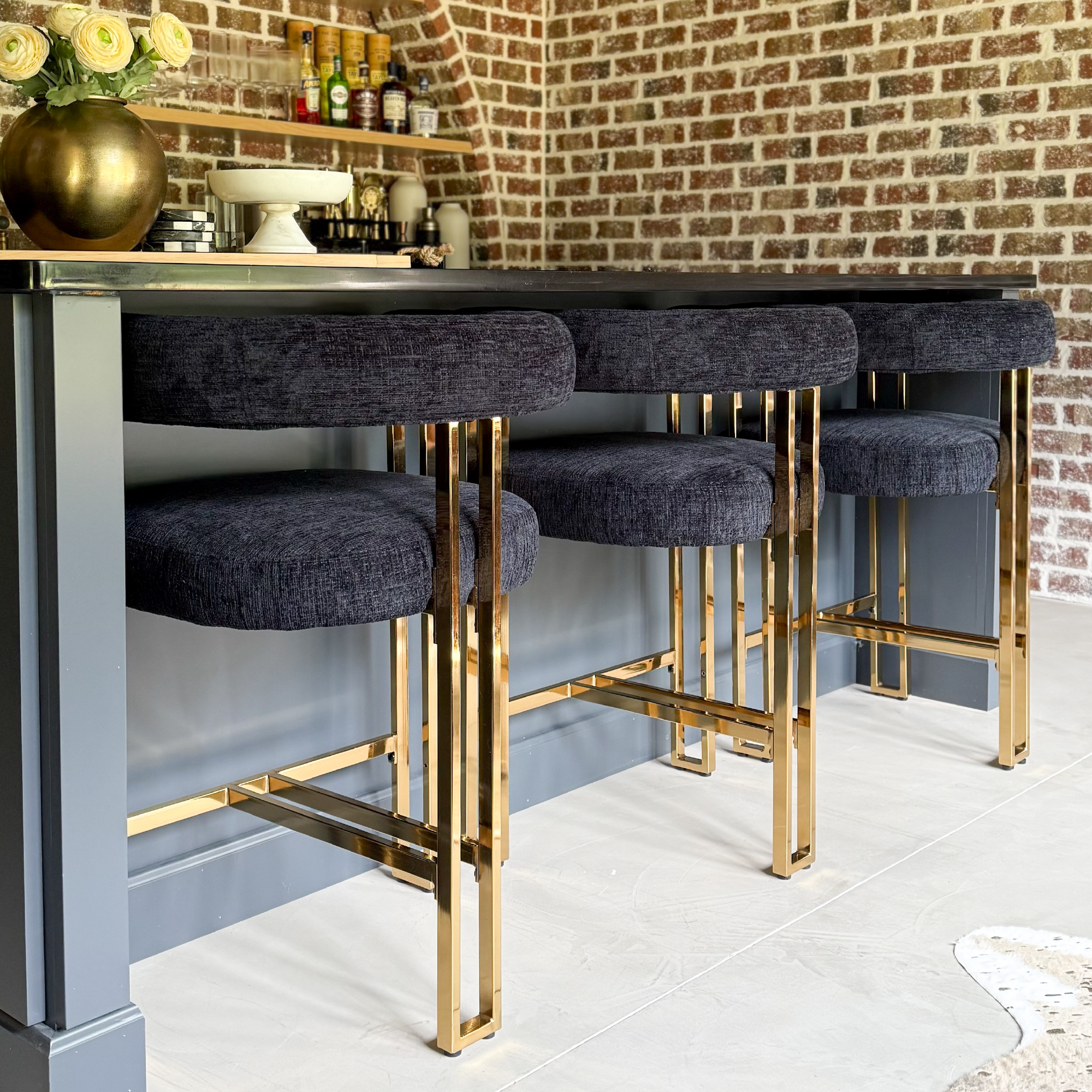Mia 24" Modern Gold Chenille Counter Stool with Arms (Set of 3)