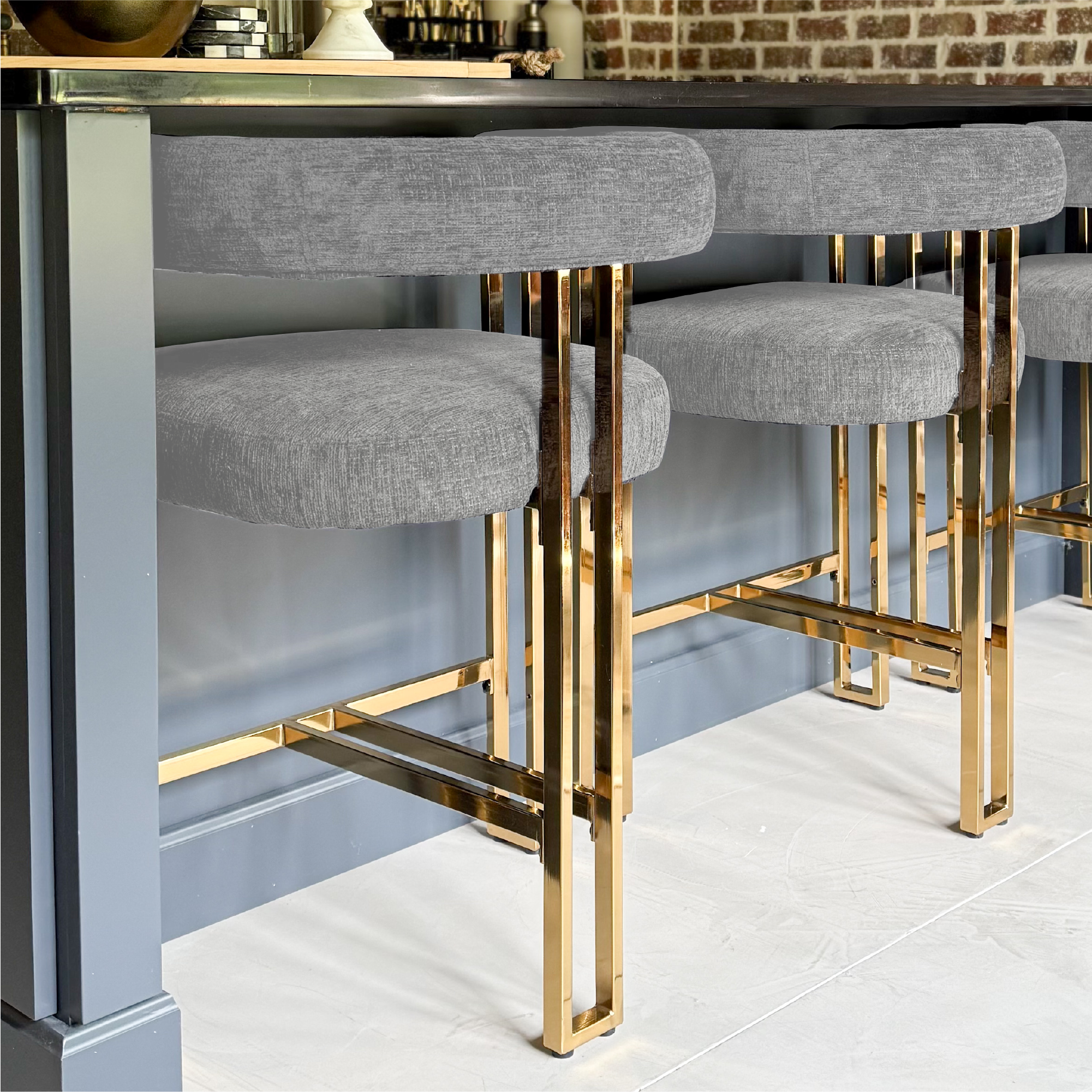 Mia 24" Modern Gold Chenille Counter Stool with Arms (Set of 2)