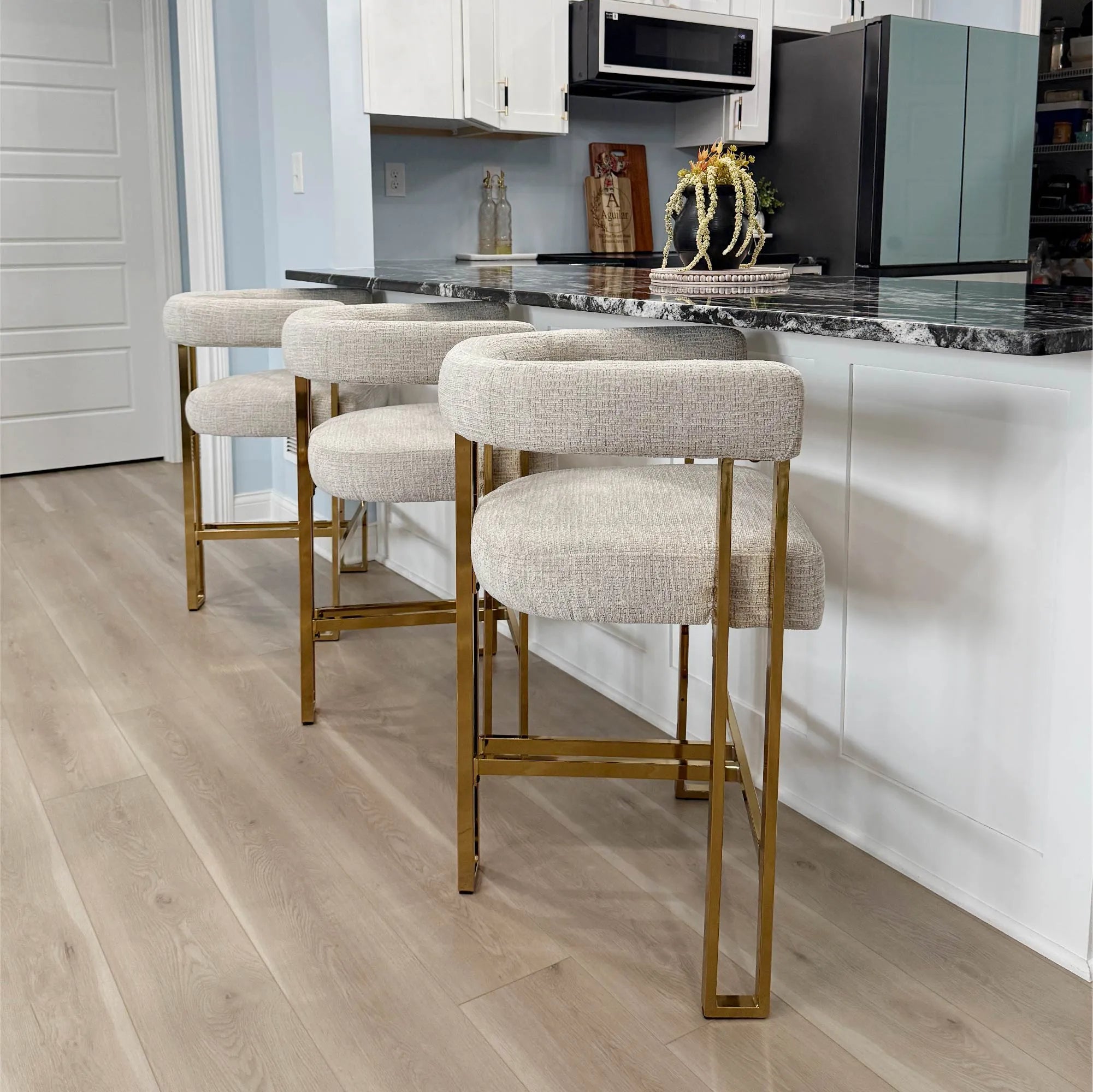 Mia 24" Modern Gold Chenille Counter Stool with Arms (Set of 3)