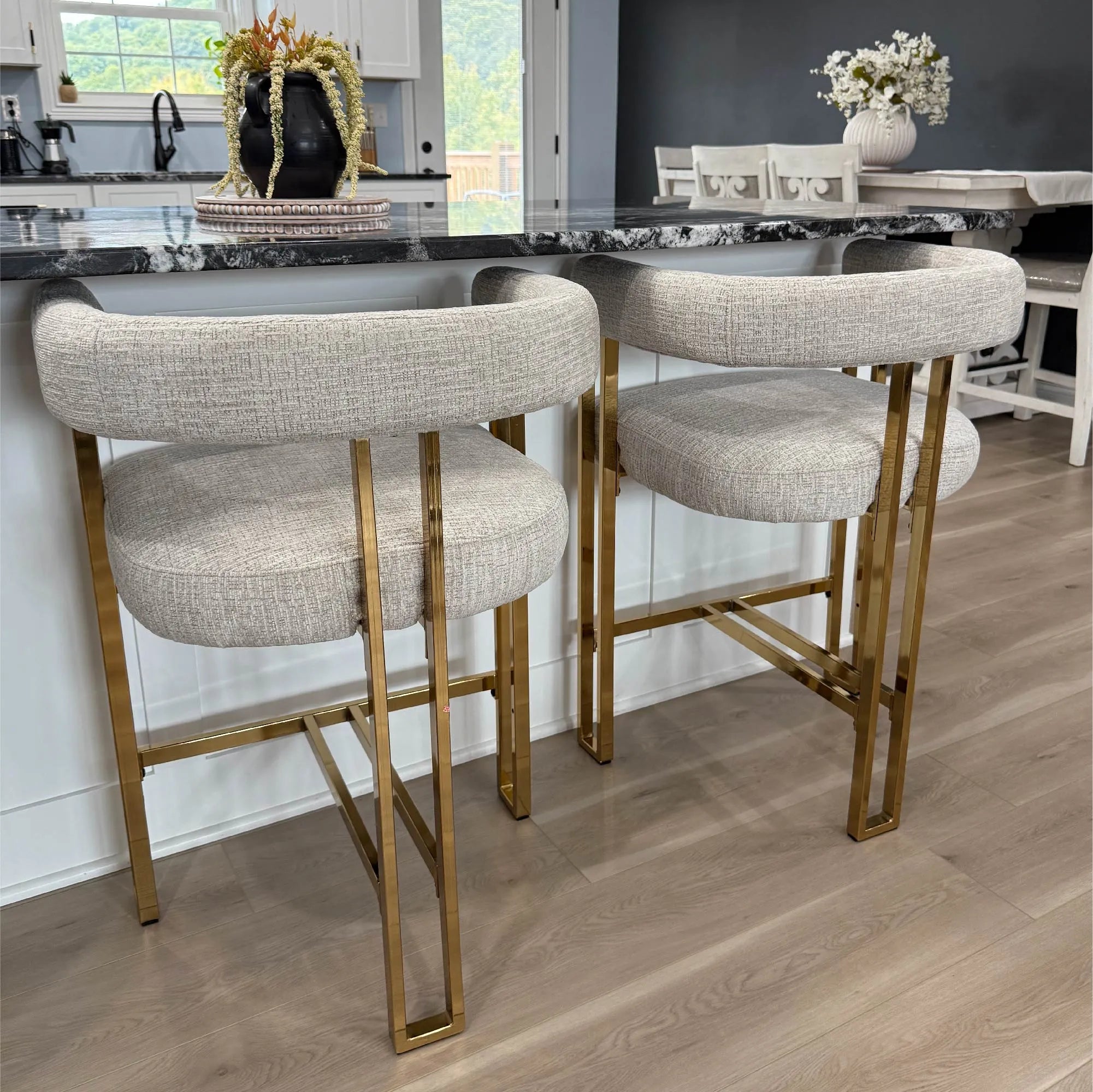 Mia 24" Modern Gold Chenille Counter Stool with Arms (Set of 3)