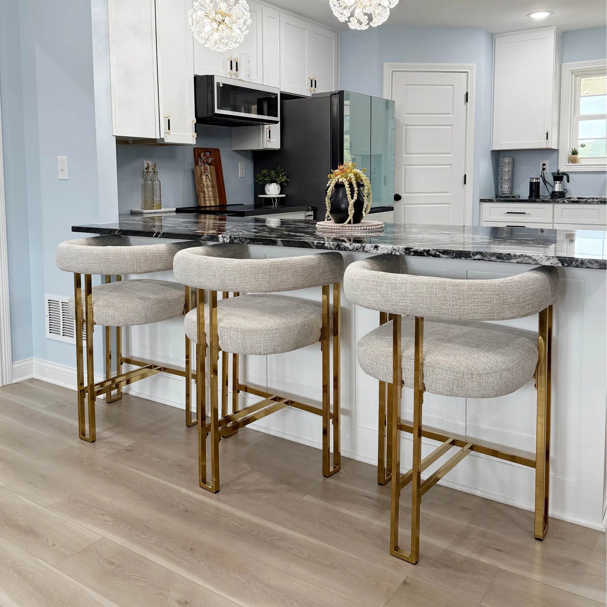 Mia 24" Modern Gold Chenille Counter Stool with Arms (Set of 3)