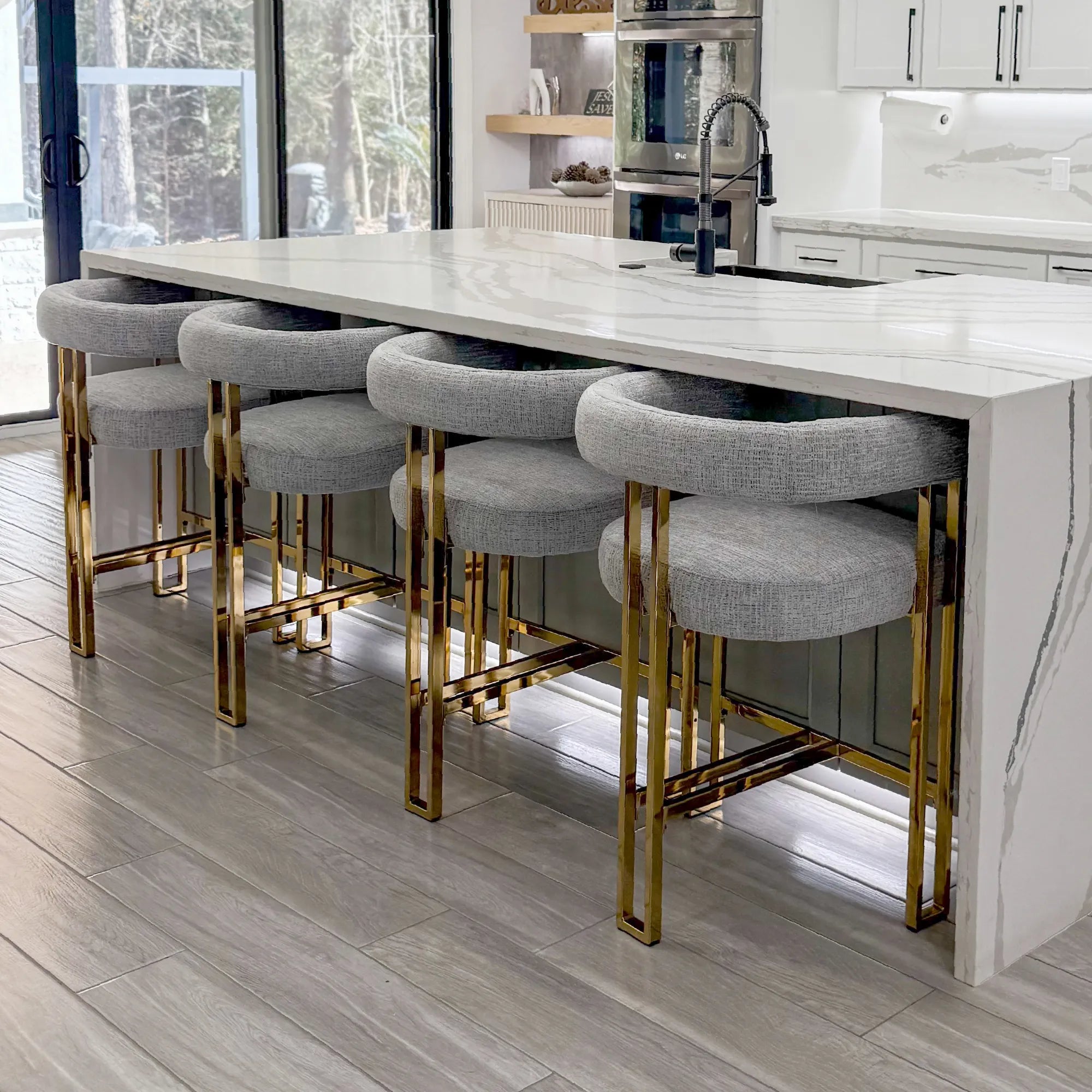 Mia 24" Modern Gold Chenille Counter Stool with Arms (Set of 3)