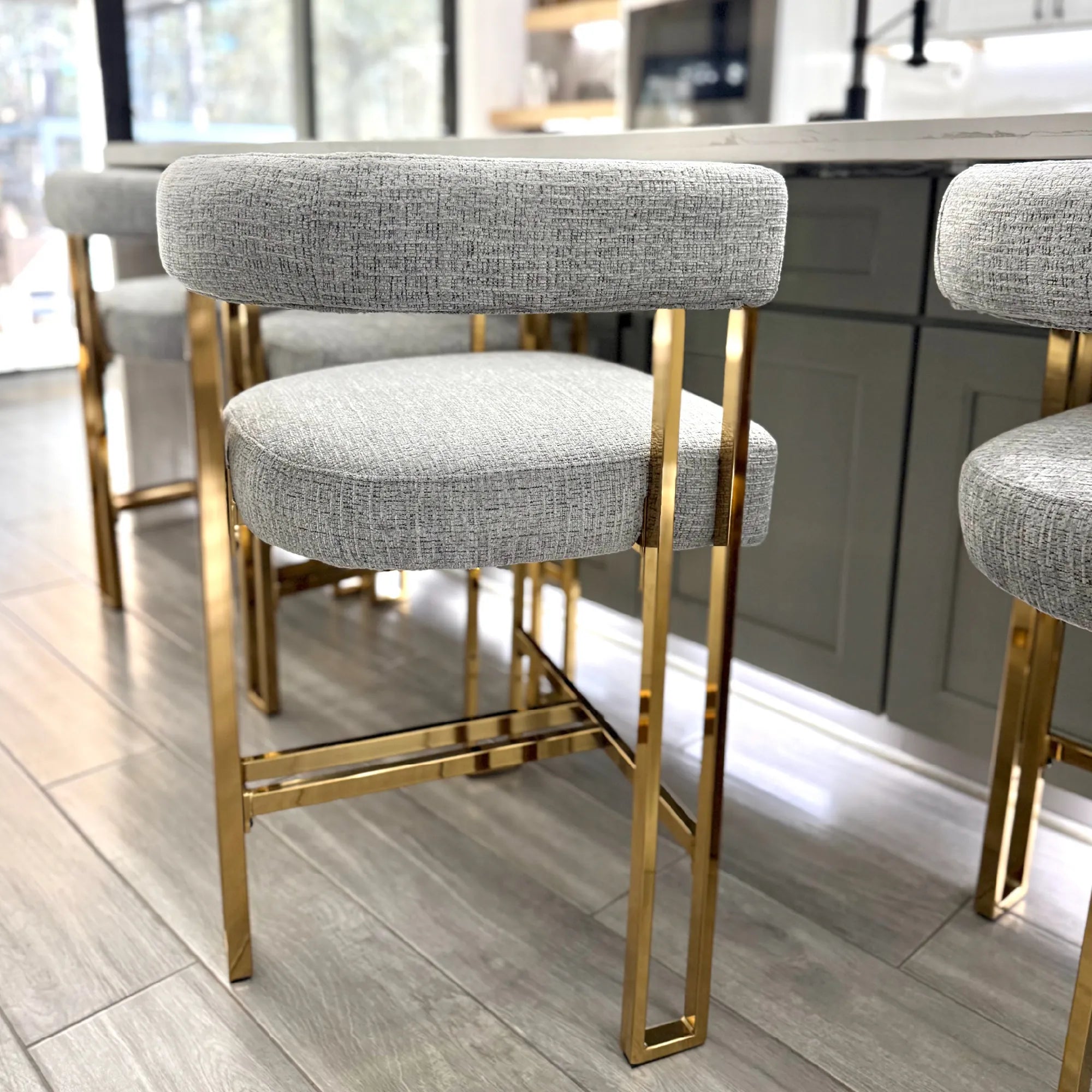 Mia 24" Modern Gold Chenille Counter Stool with Arms (Set of 2)