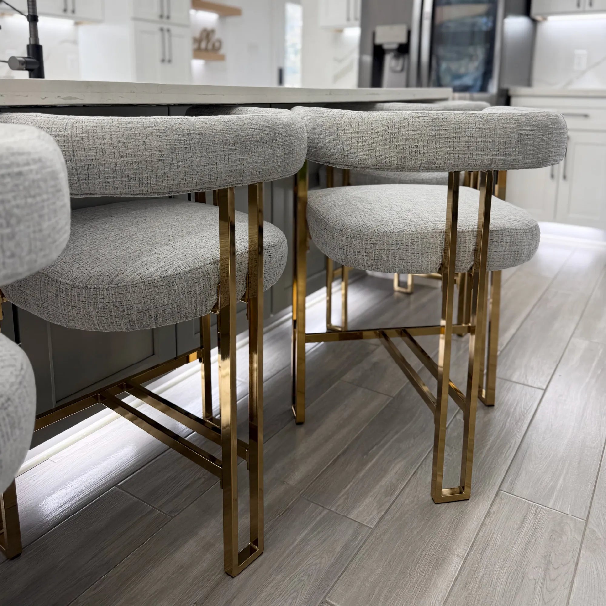 Mia 24" Modern Gold Chenille Counter Stool with Arms (Set of 3)