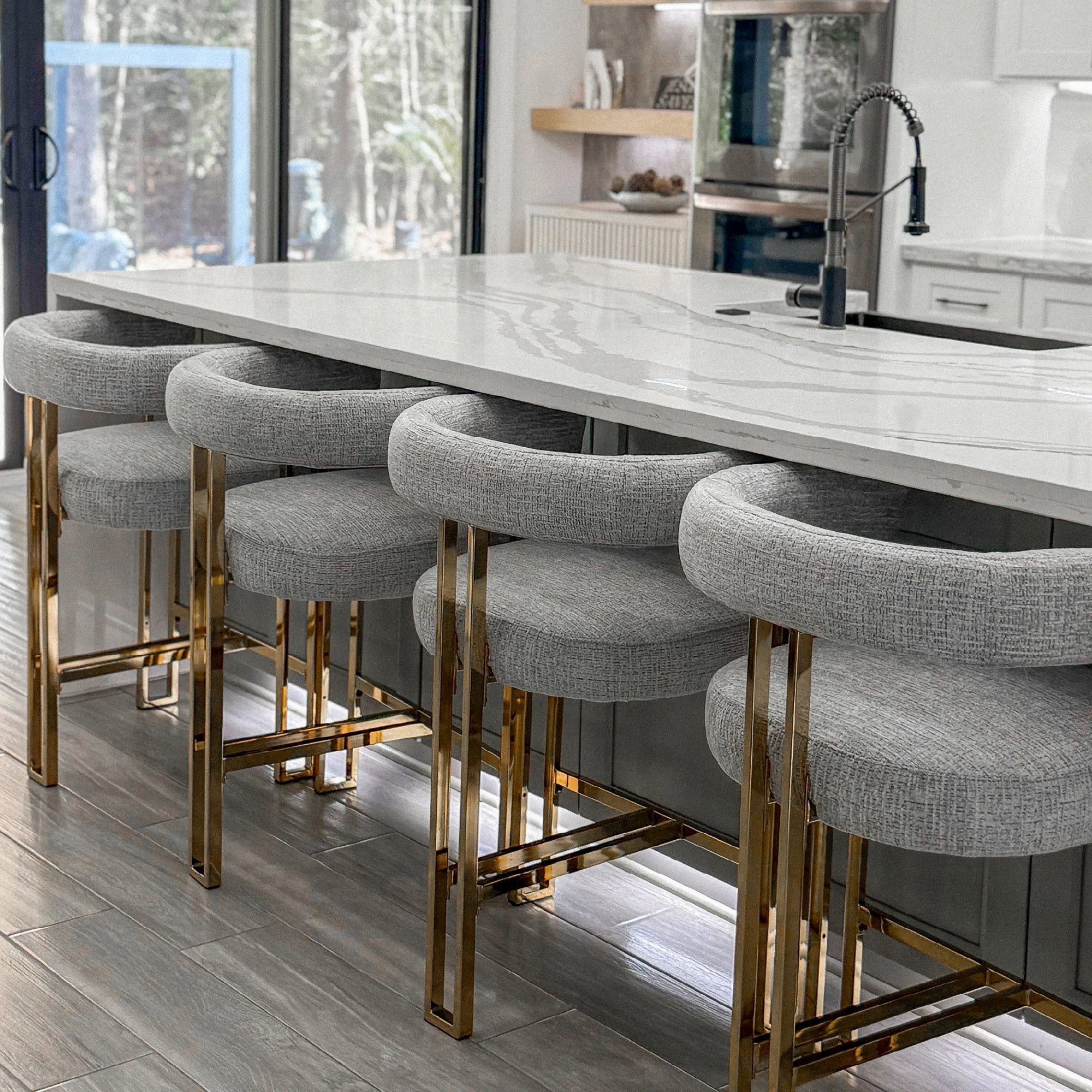 Mia 24" Modern Gold Chenille Counter Stool with Arms (Set of 3)