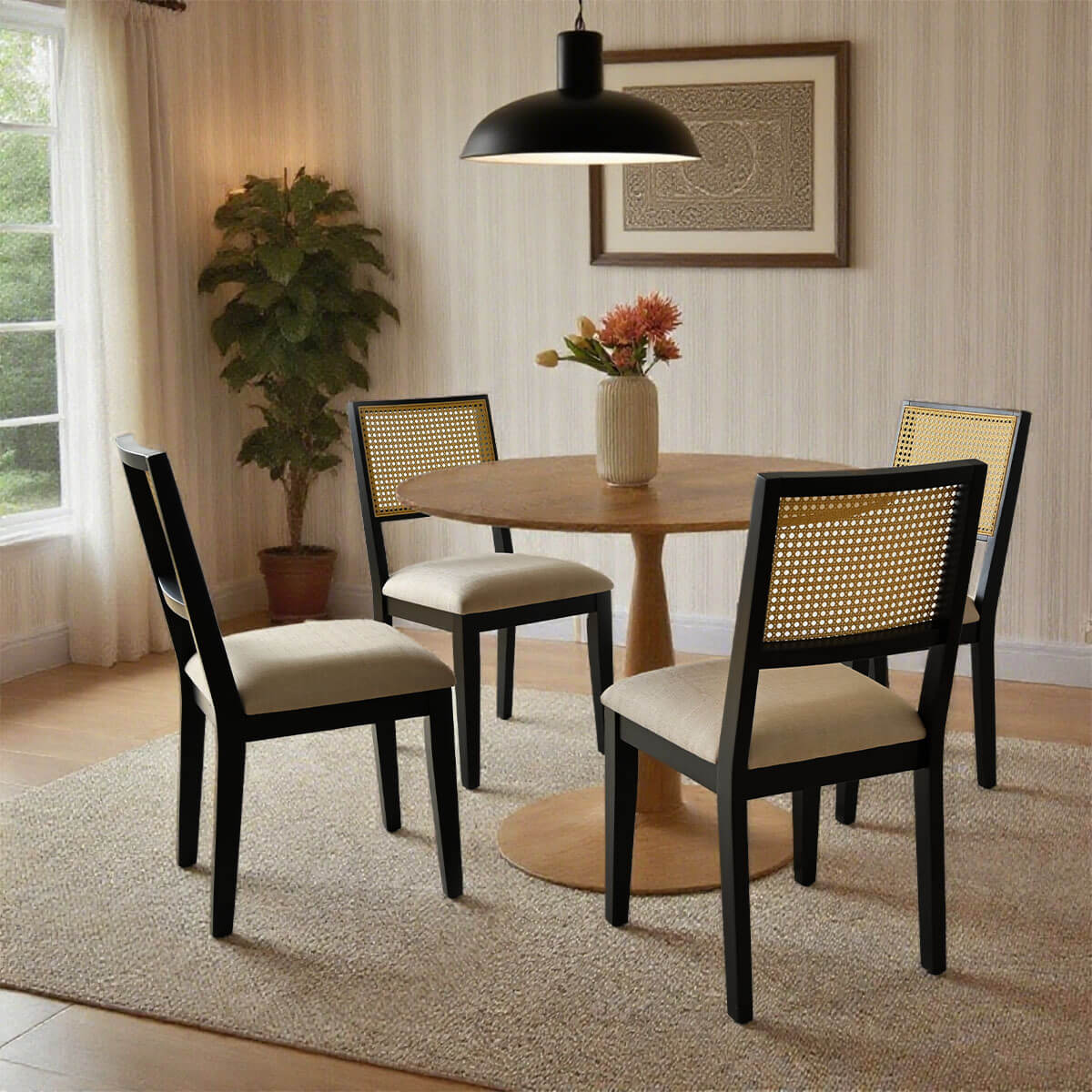 Monica Rattan Solid Wood Upholstered Dining Chair (Set of 4)