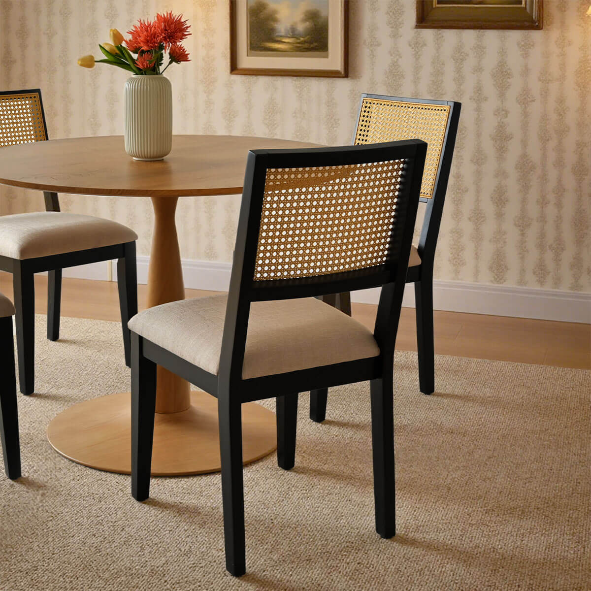 Monica Rattan Solid Wood Upholstered Dining Chair (Set of 4)