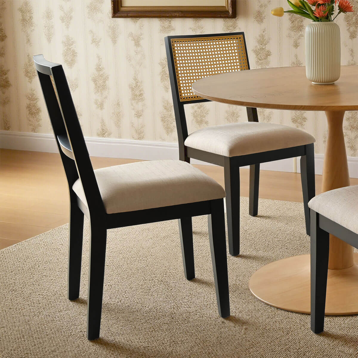 Monica Rattan Solid Wood Upholstered Dining Chair (Set of 4)
