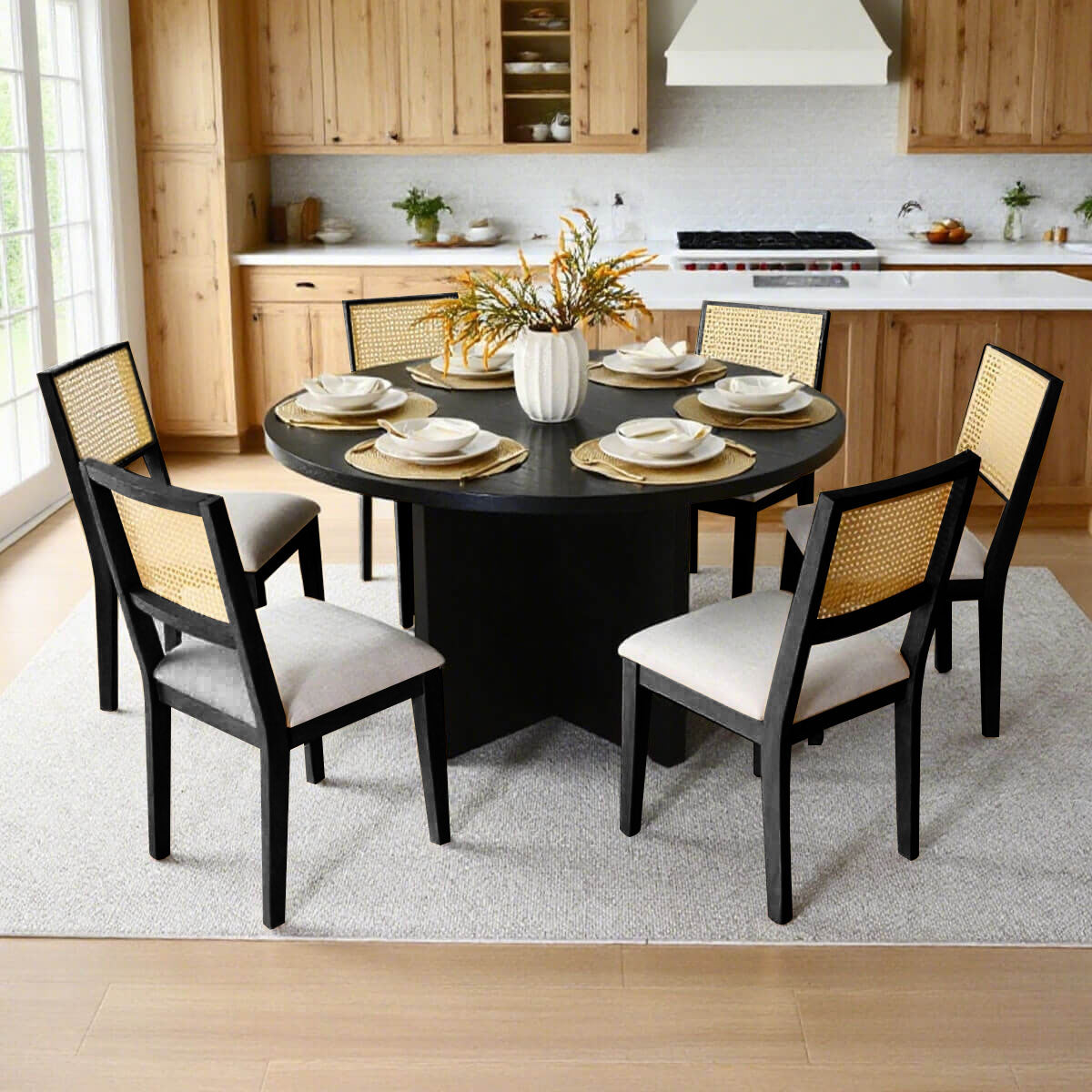 Monica Rattan Solid Wood Upholstered Dining Chair (Set of 4)