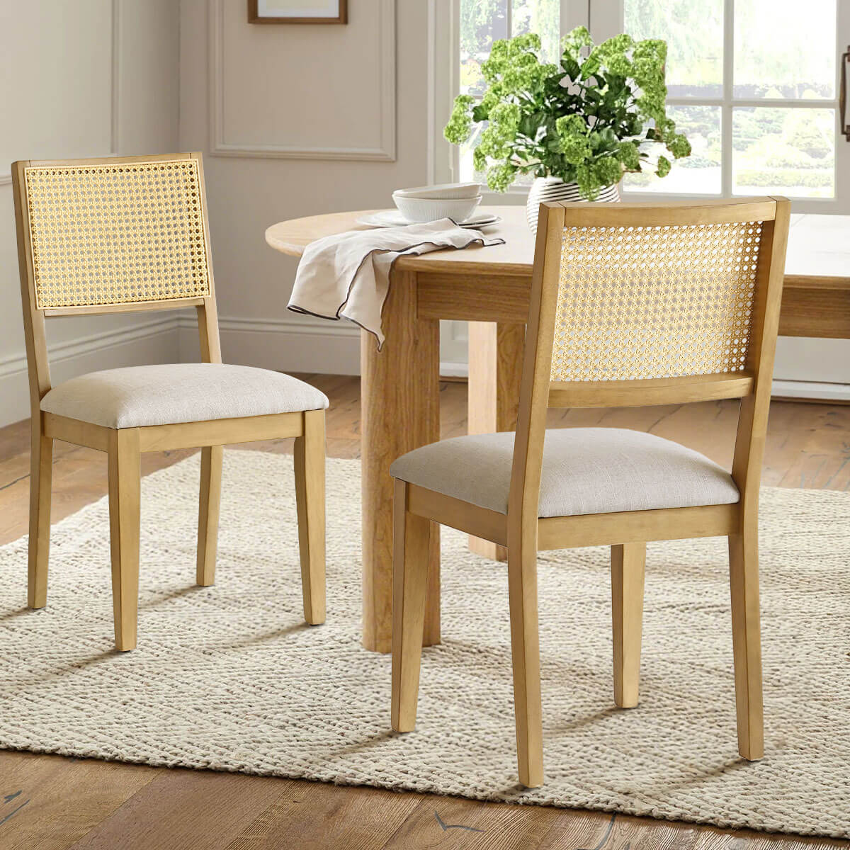 Monica Rattan Solid Wood Upholstered Dining Chair (Set of 2)