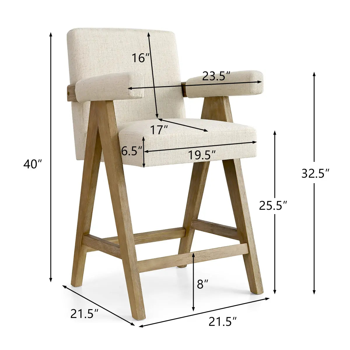 Morgan Mid Century Modern Upholstered Counter Stool with Arms, dimensions shown for detailed measurements.