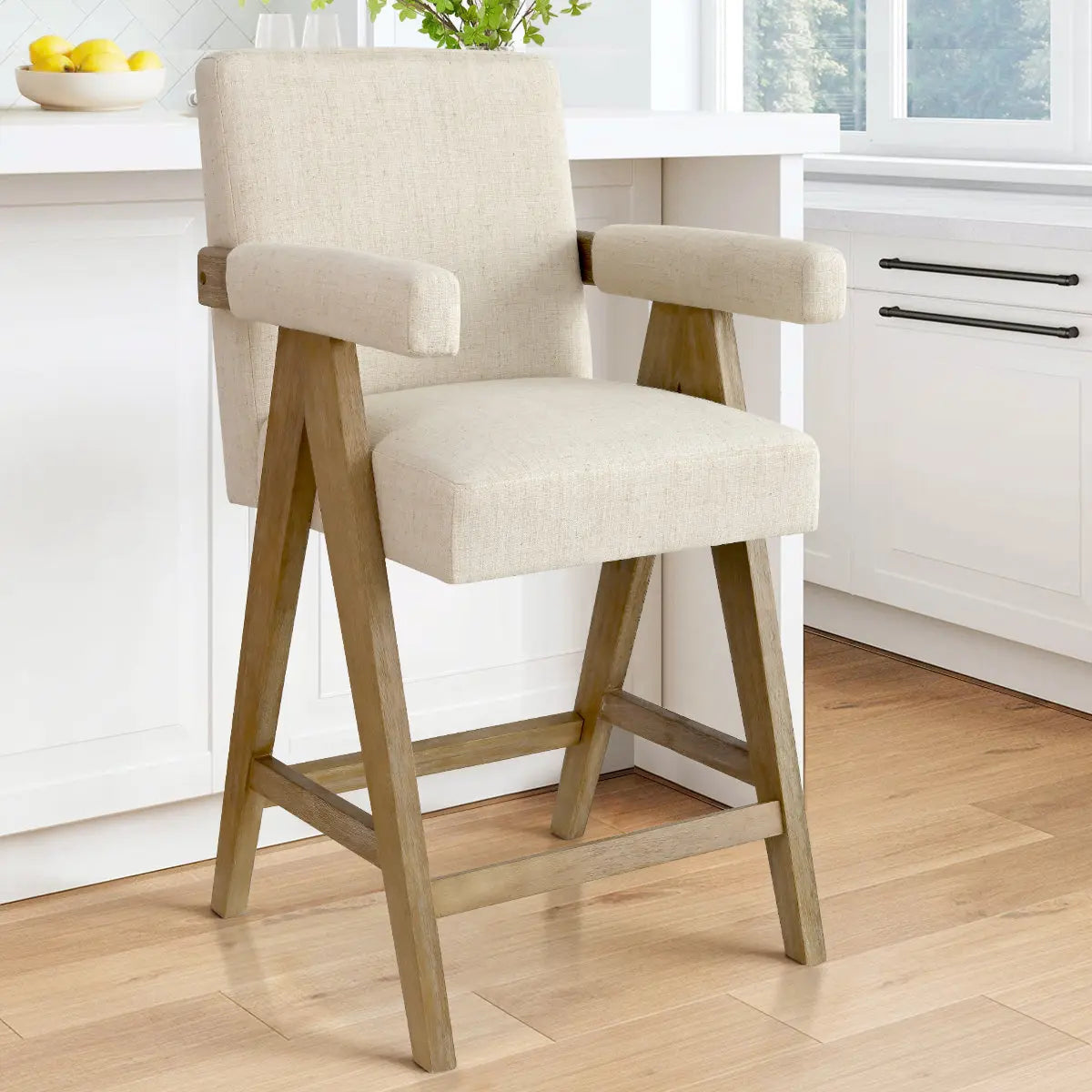 Morgan Mid Century Modern Upholstered Counter Stool in kitchen with hardwood flooring and white cabinets.
