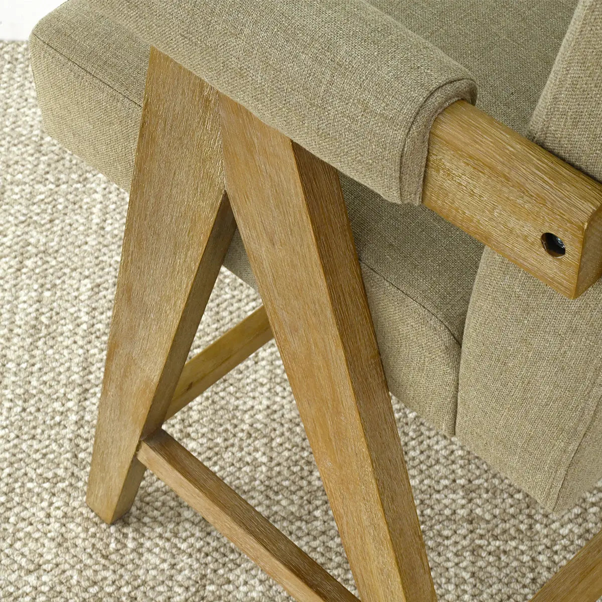 Close-up of Morgan Mid Century Modern Upholstered Counter Stool with Arms, beige fabric, geometric design.