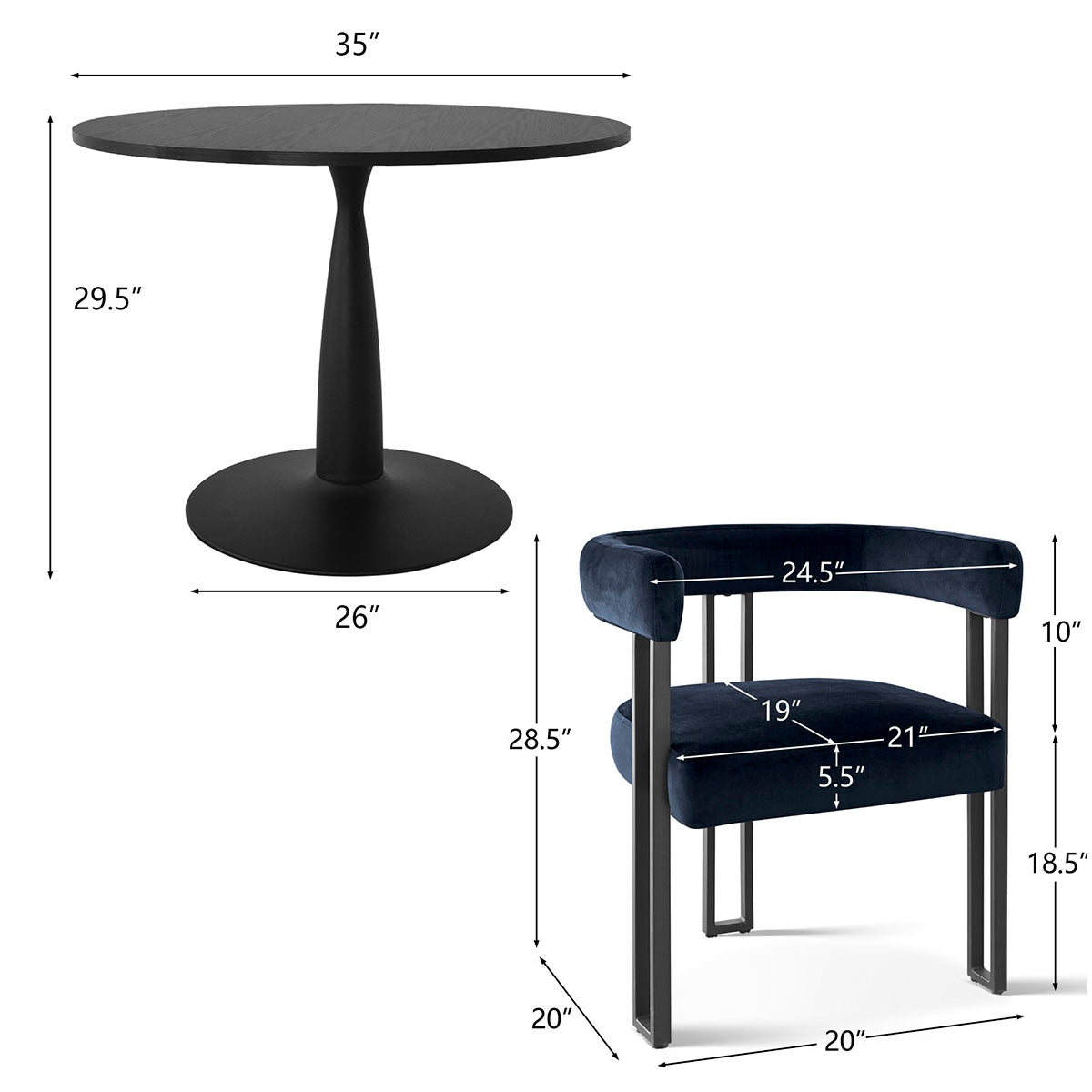 New Haven & Mia 35" Black Round Dining Table Set for 2 (3-Piece)