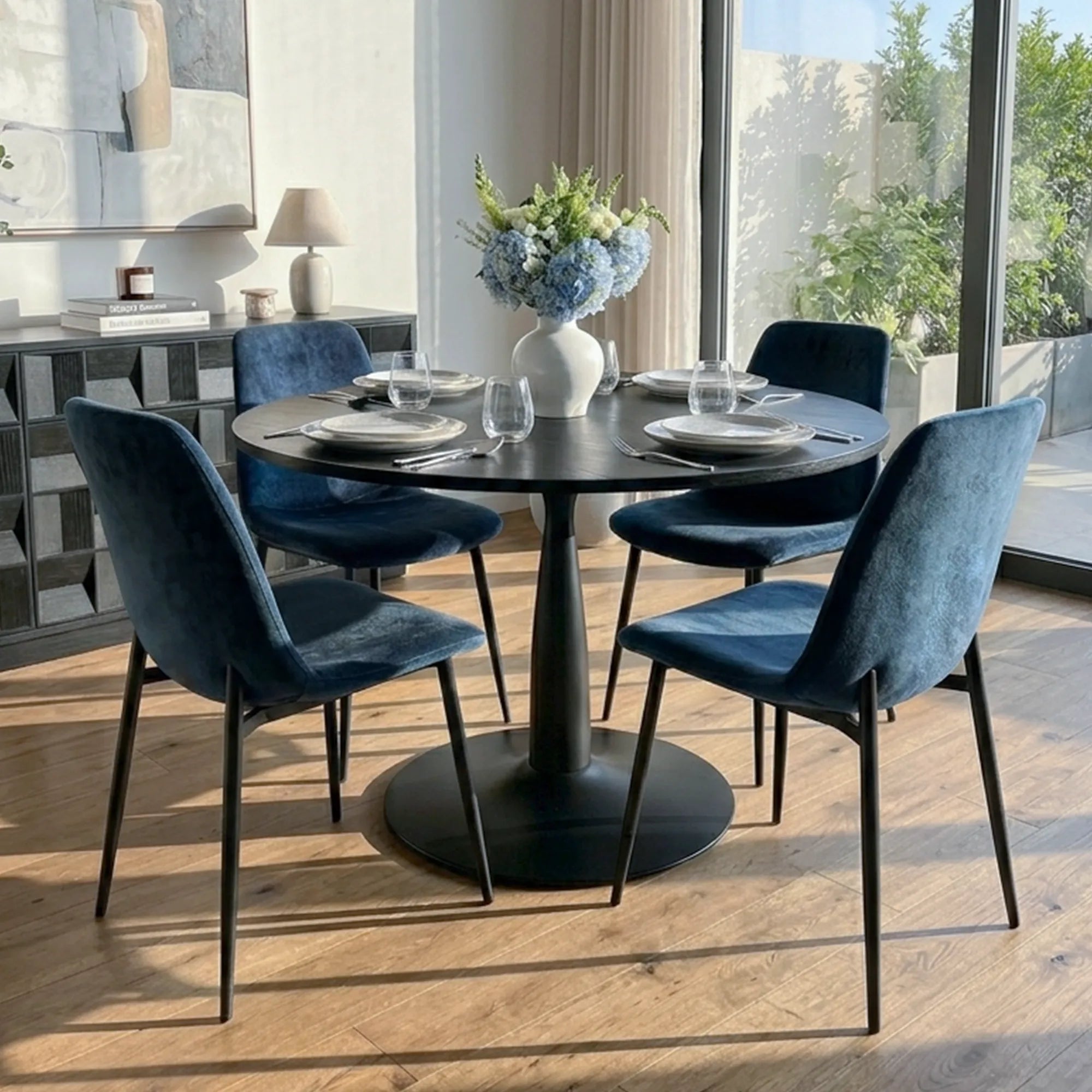 Haven & Oslo 35" Black Round Dining Table Set for 4 (5-Piece)