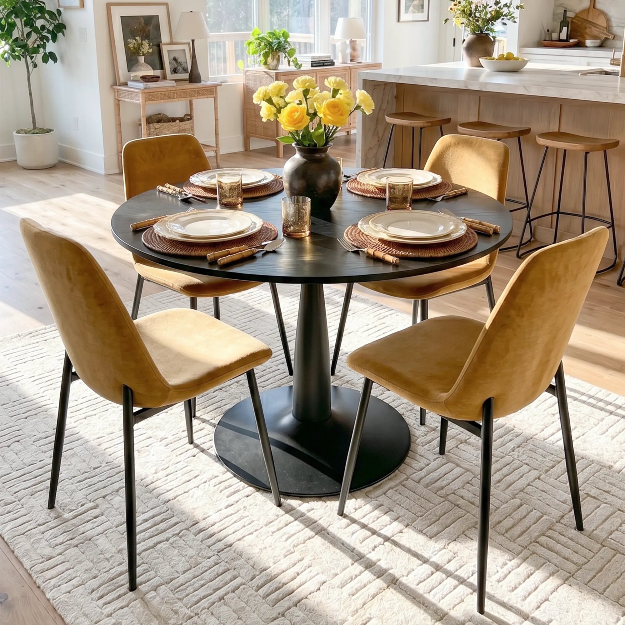 Haven & Oslo 35" Black Round Dining Table Set for 4 (5-Piece)