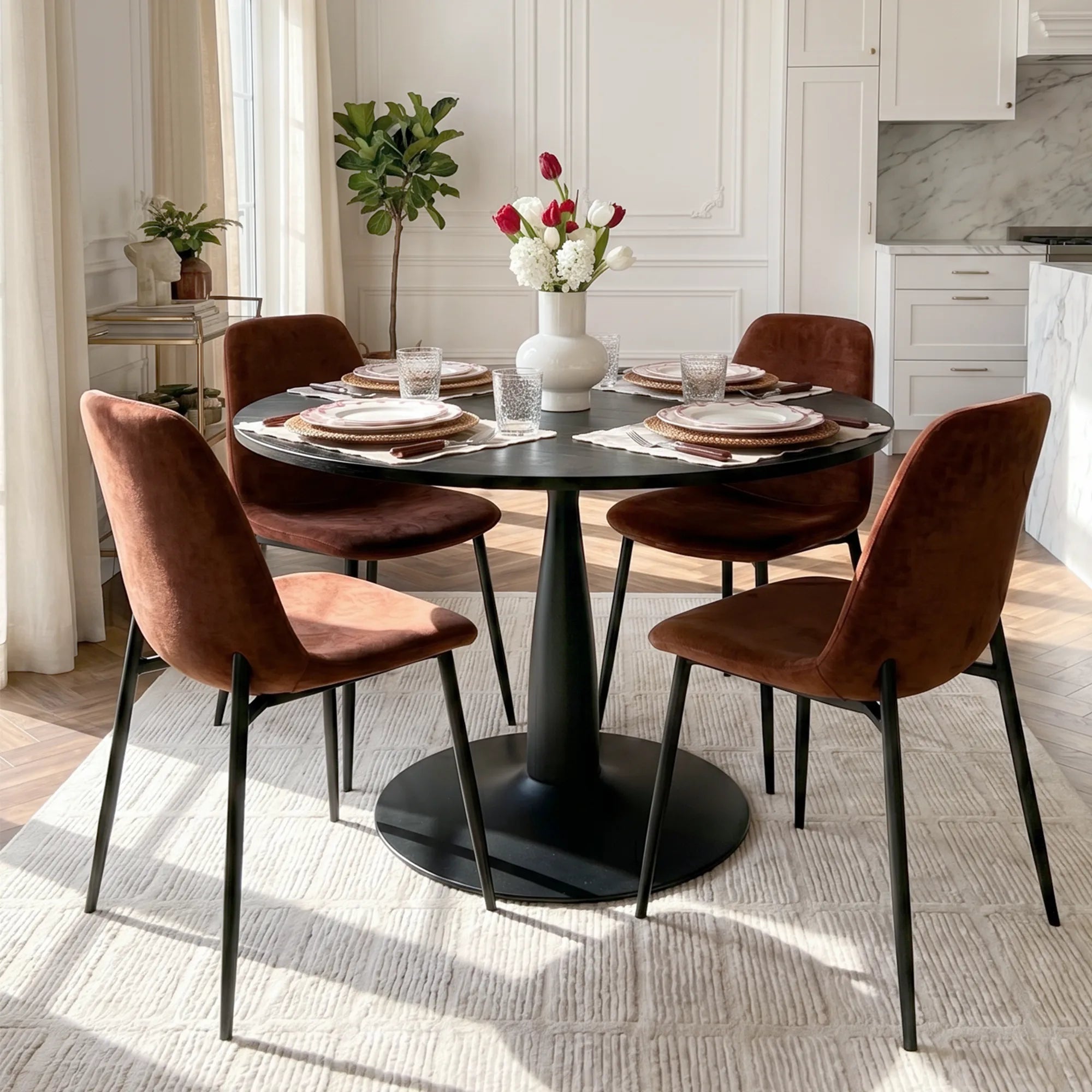 Haven & Oslo 35" Black Round Dining Table Set for 4 (5-Piece)
