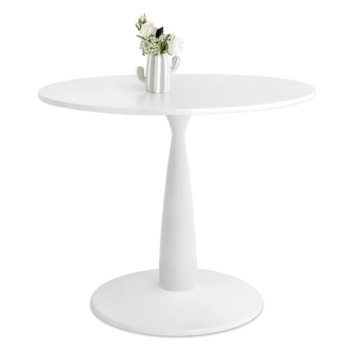 Haven white round dining table, sleek modern design, solo display, floral vase centerpiece.