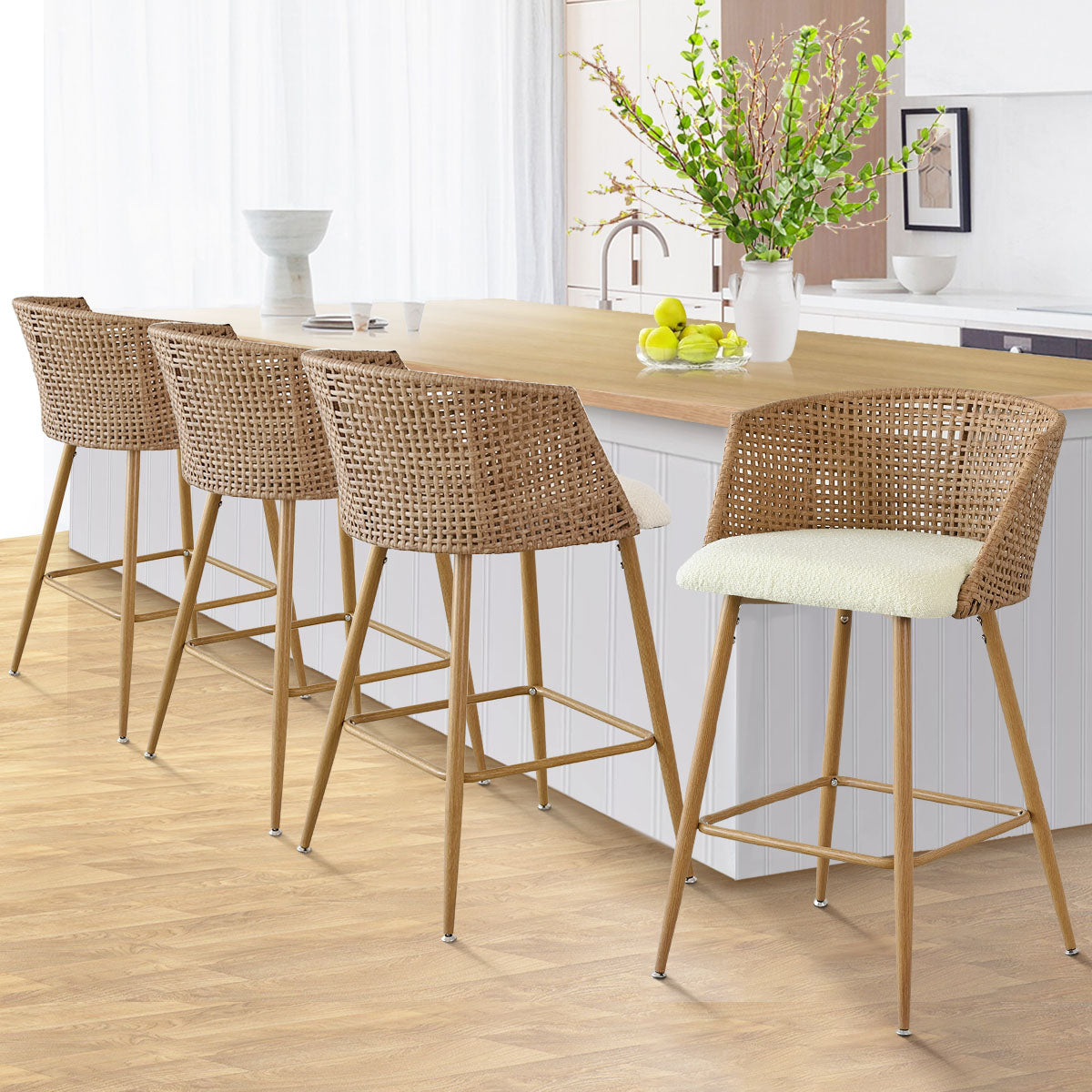 Nice Beige Rattan Upholstered Counter Stool with Arms (Set of 4)