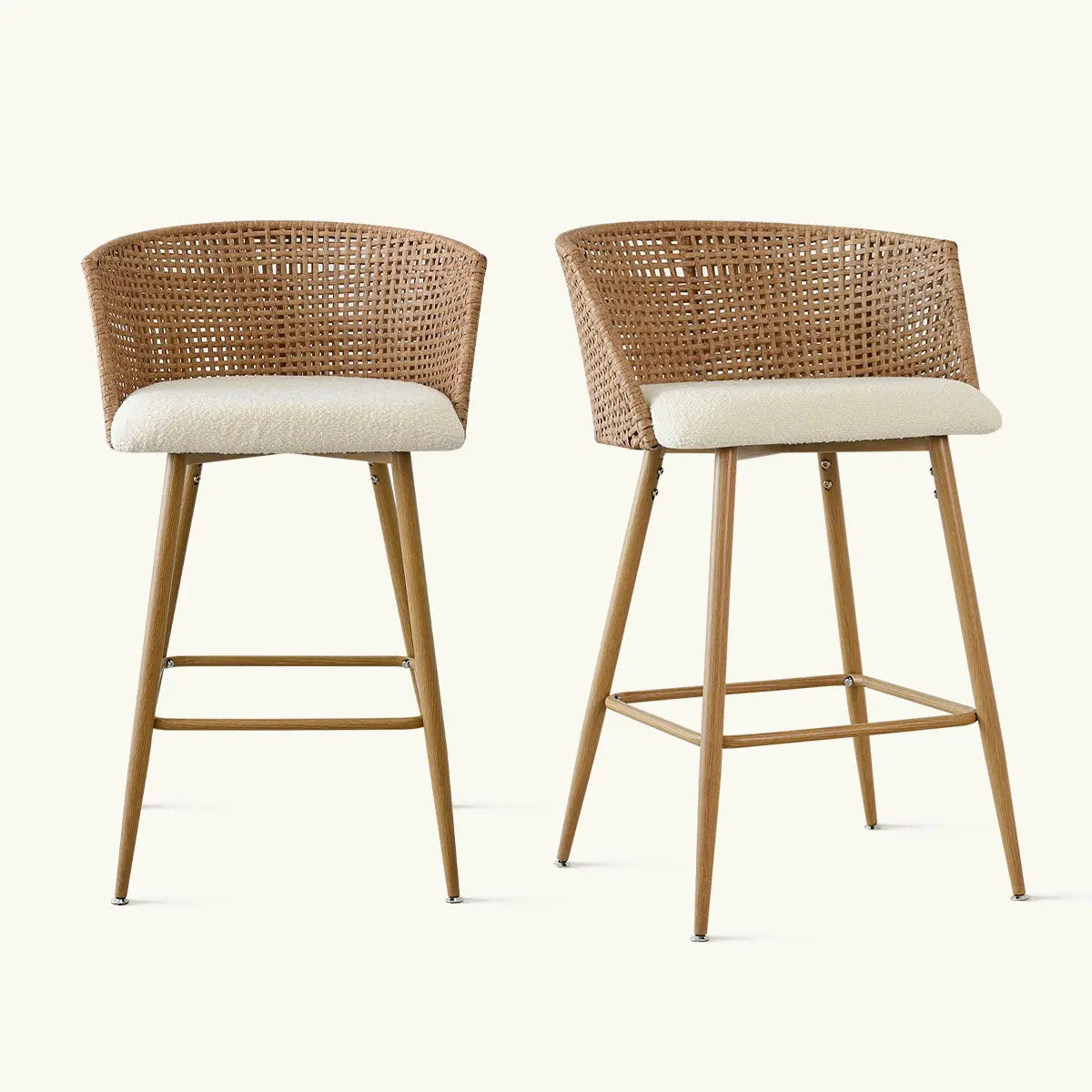 Nice Beige Rattan Curved-Back Counter Stool with upholstered seat; kitchen seating furniture.