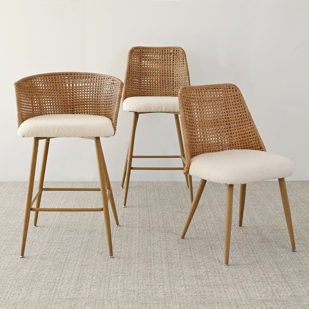 Nice Beige Rattan Upholstered Counter Stool with Arms (Set of 4)