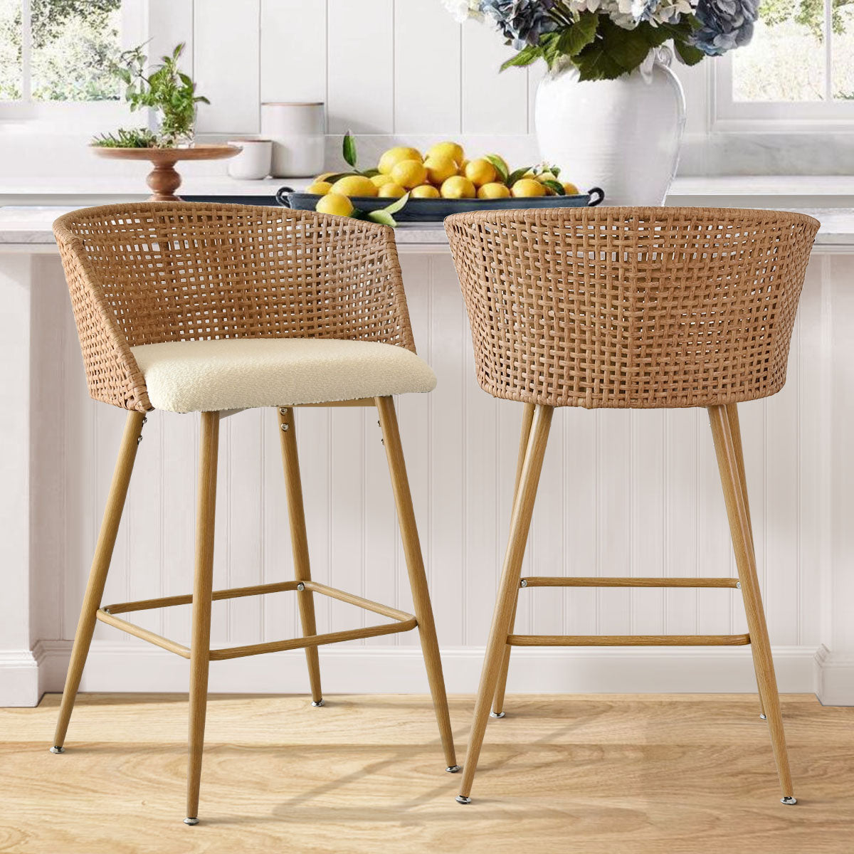 Nice Beige Rattan Upholstered Counter Stool with Arms (Set of 2)