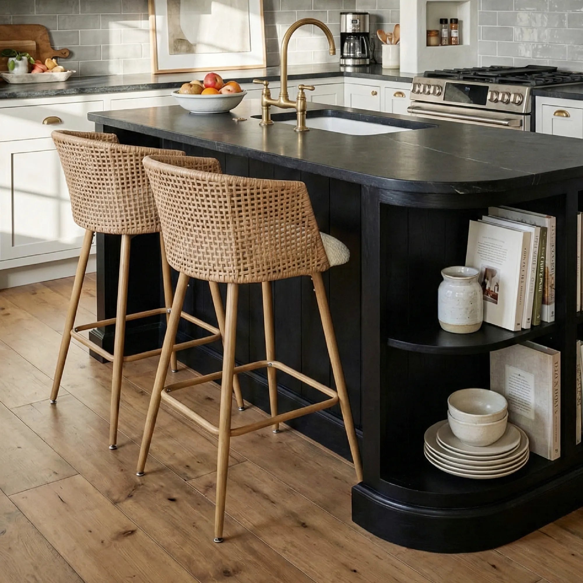 Nice Beige Rattan Upholstered Counter Stool with Arms (Set of 2)
