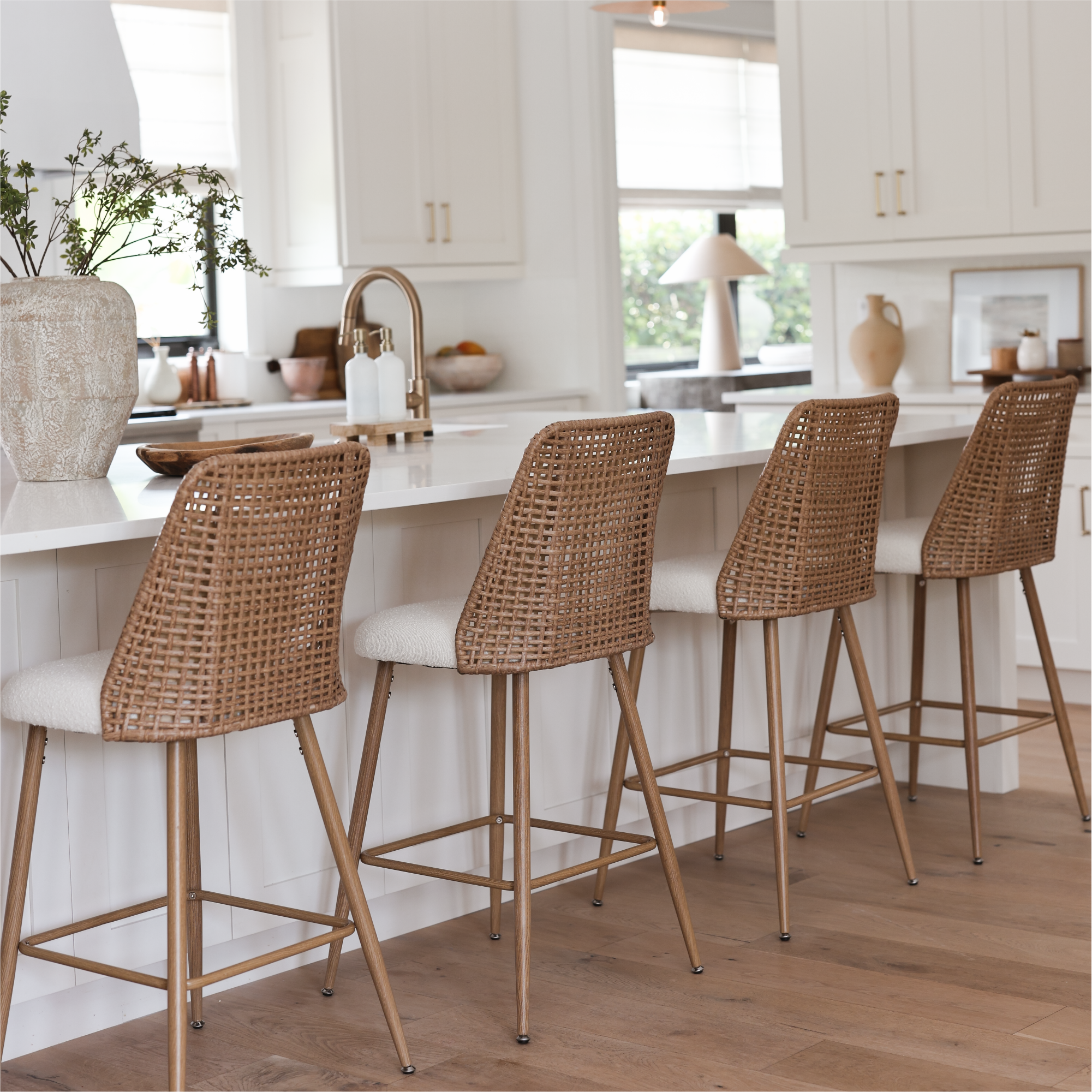 Nice 27" Modern Rattan Upholstered Counter Stool (Set of 4)