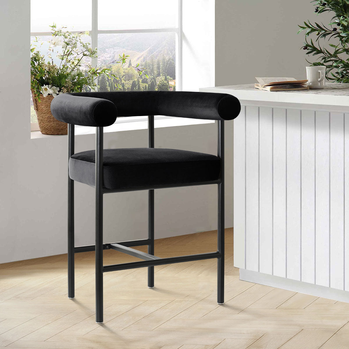 New York 24" Velvet Counter Stool with Arms (Set of 2)