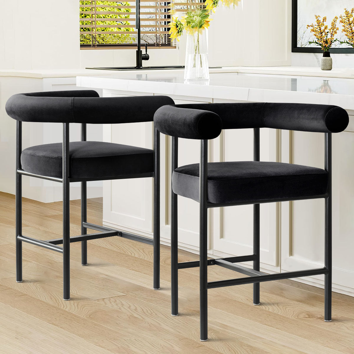 New York 24" Velvet Counter Stool with Arms (Set of 2)