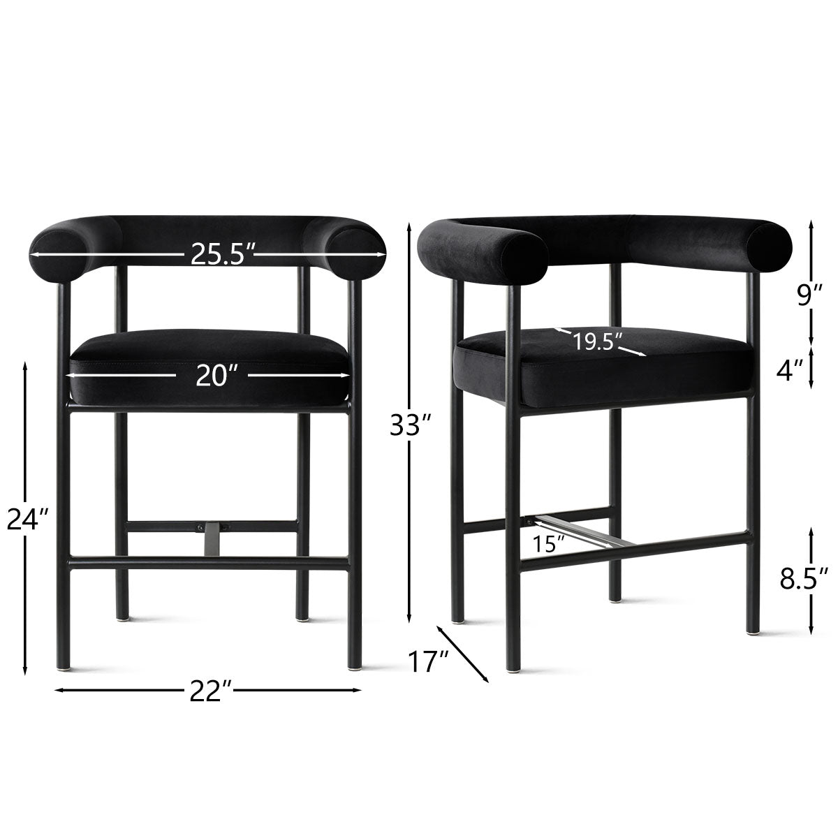New York 24" Velvet Counter Stool with Arms (Set of 2)