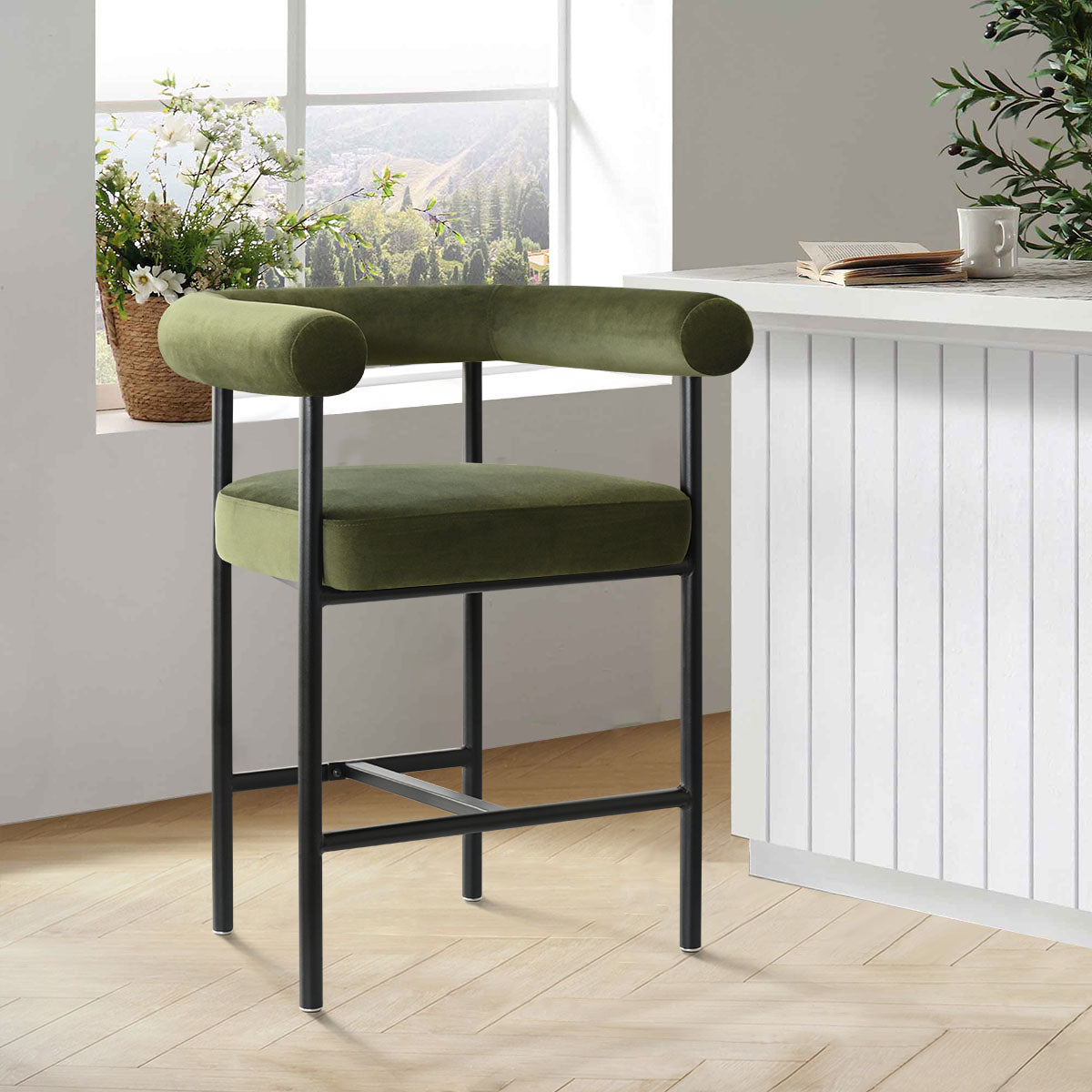 New York 24" Velvet Counter Stool with Arms (Set of 2)