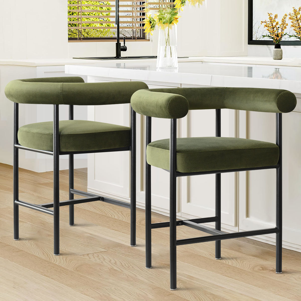 New York 24" Velvet Counter Stool with Arms (Set of 2)