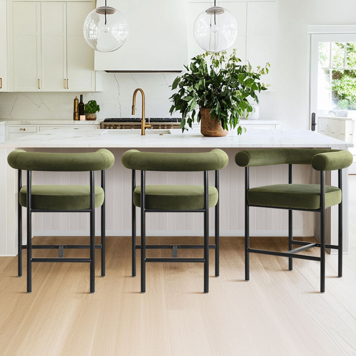 New York 24" Velvet Counter Stool with Arms (Set of 2)