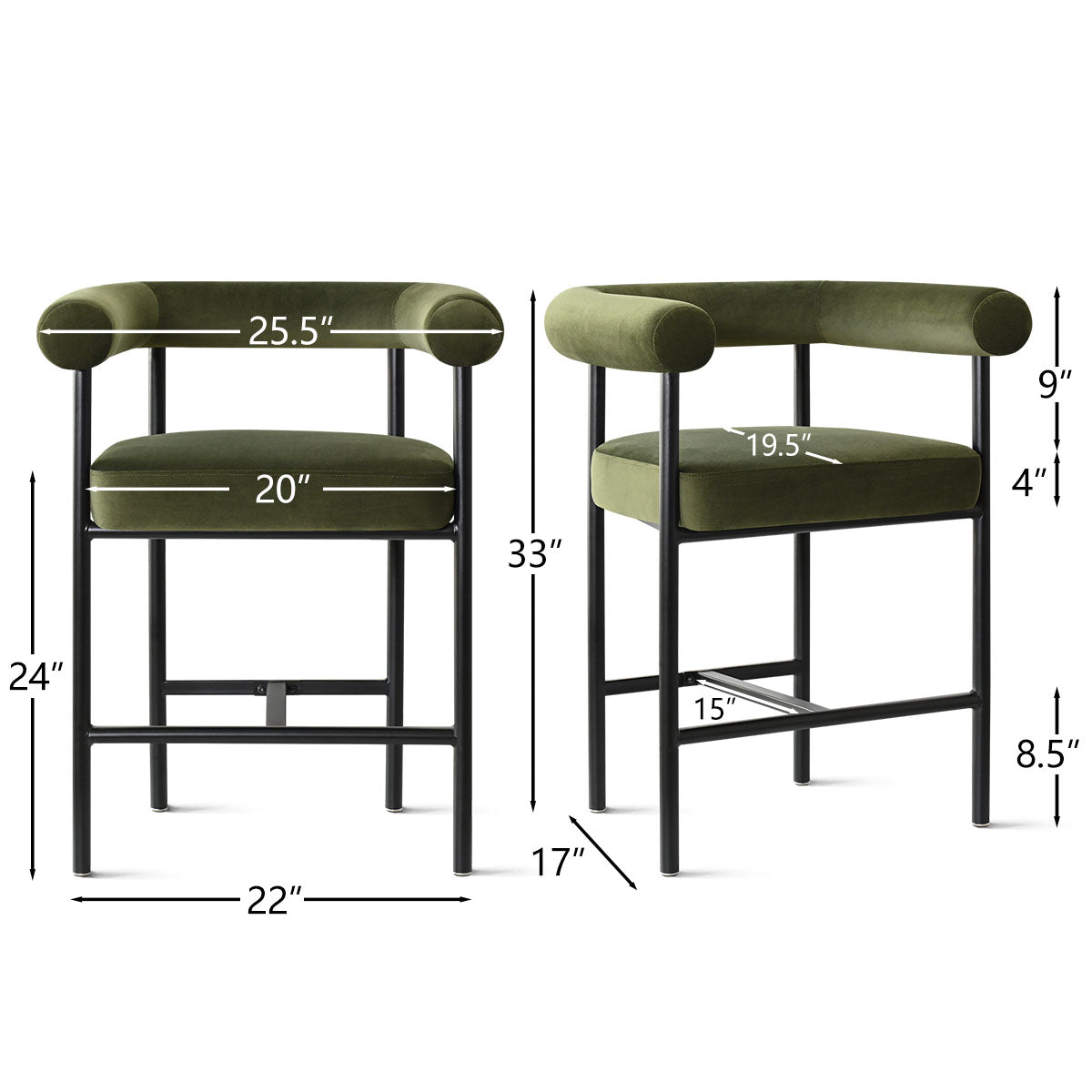 New York 24" Velvet Counter Stool with Arms (Set of 2)